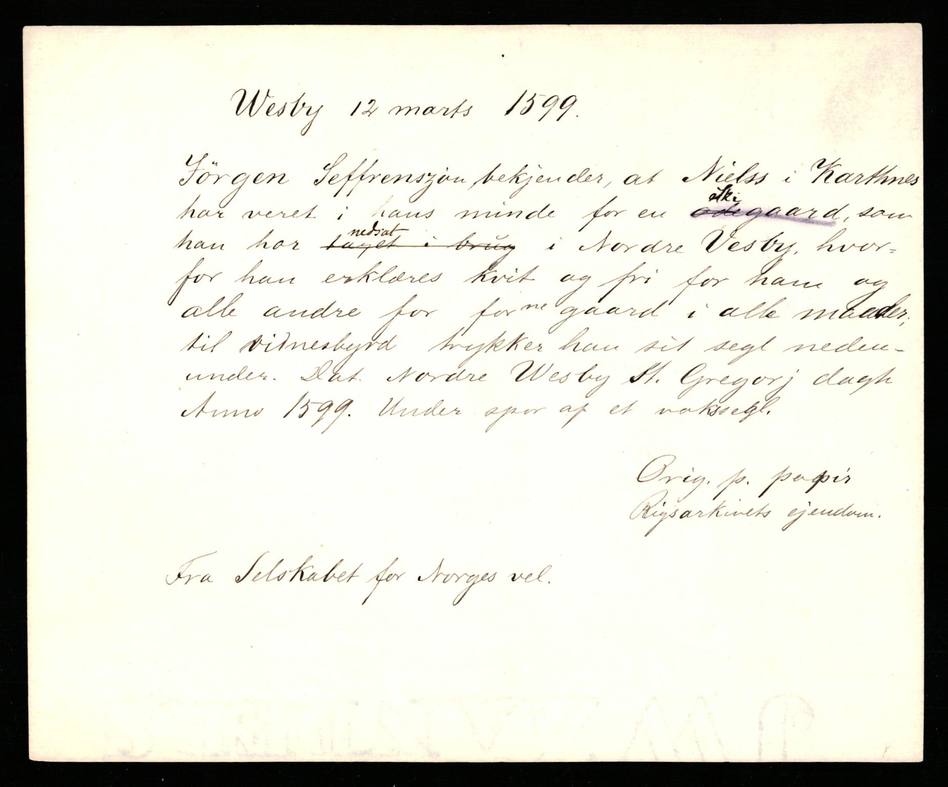 Riksarkivets diplomsamling, AV/RA-EA-5965/F35/F35b/L0004: Riksarkivets diplomer, seddelregister, 1593-1600, s. 519