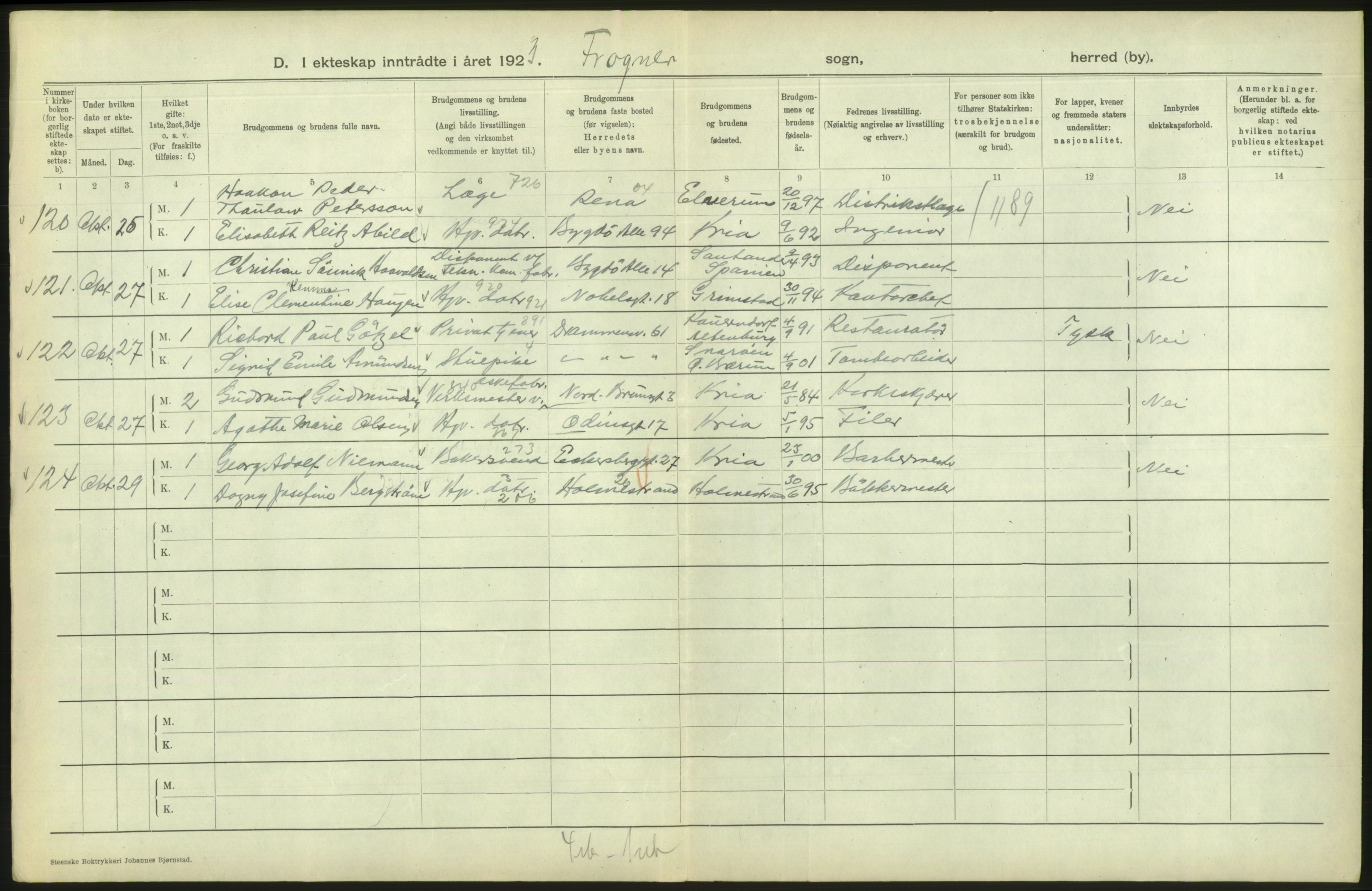 Statistisk sentralbyrå, Sosiodemografiske emner, Befolkning, AV/RA-S-2228/D/Df/Dfc/Dfcc/L0008: Kristiania: Gifte, 1923, s. 324