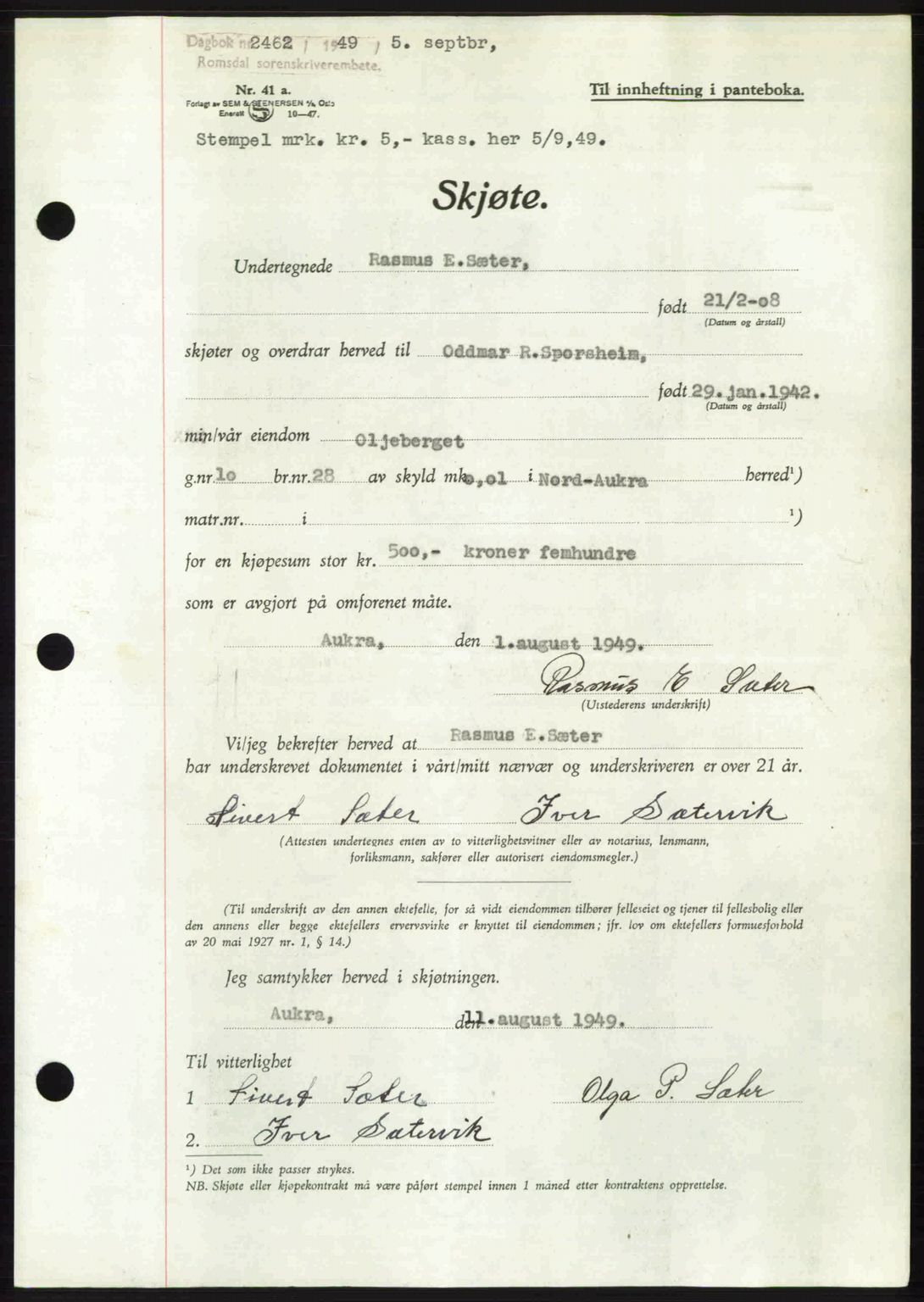 Romsdal sorenskriveri, SAT/A-4149/1/2/2C: Pantebok nr. A30, 1949-1949, Dagboknr: 2462/1949