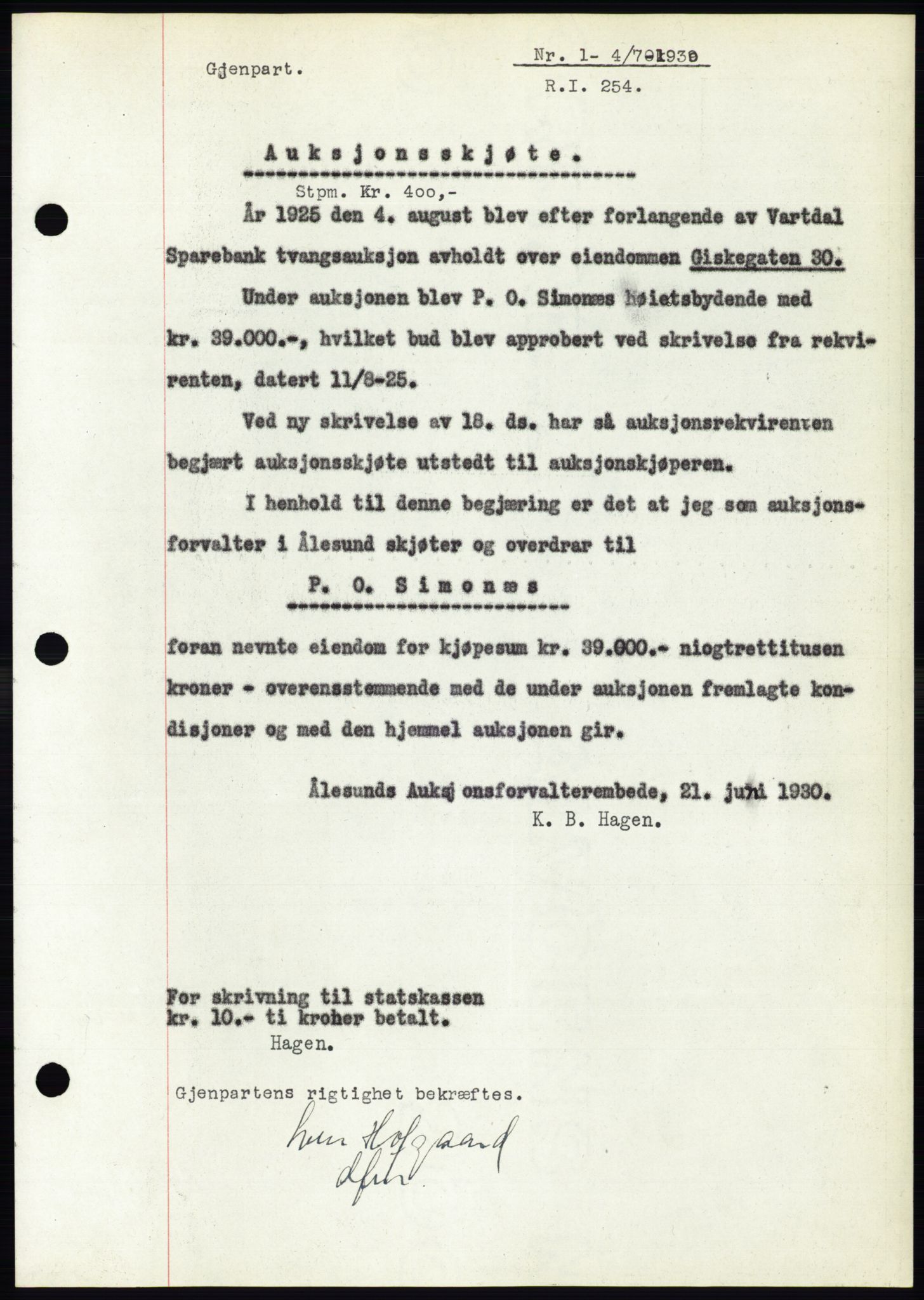 Ålesund byfogd, SAT/A-4384: Pantebok nr. 26, 1930-1930, Tingl.dato: 04.07.1930