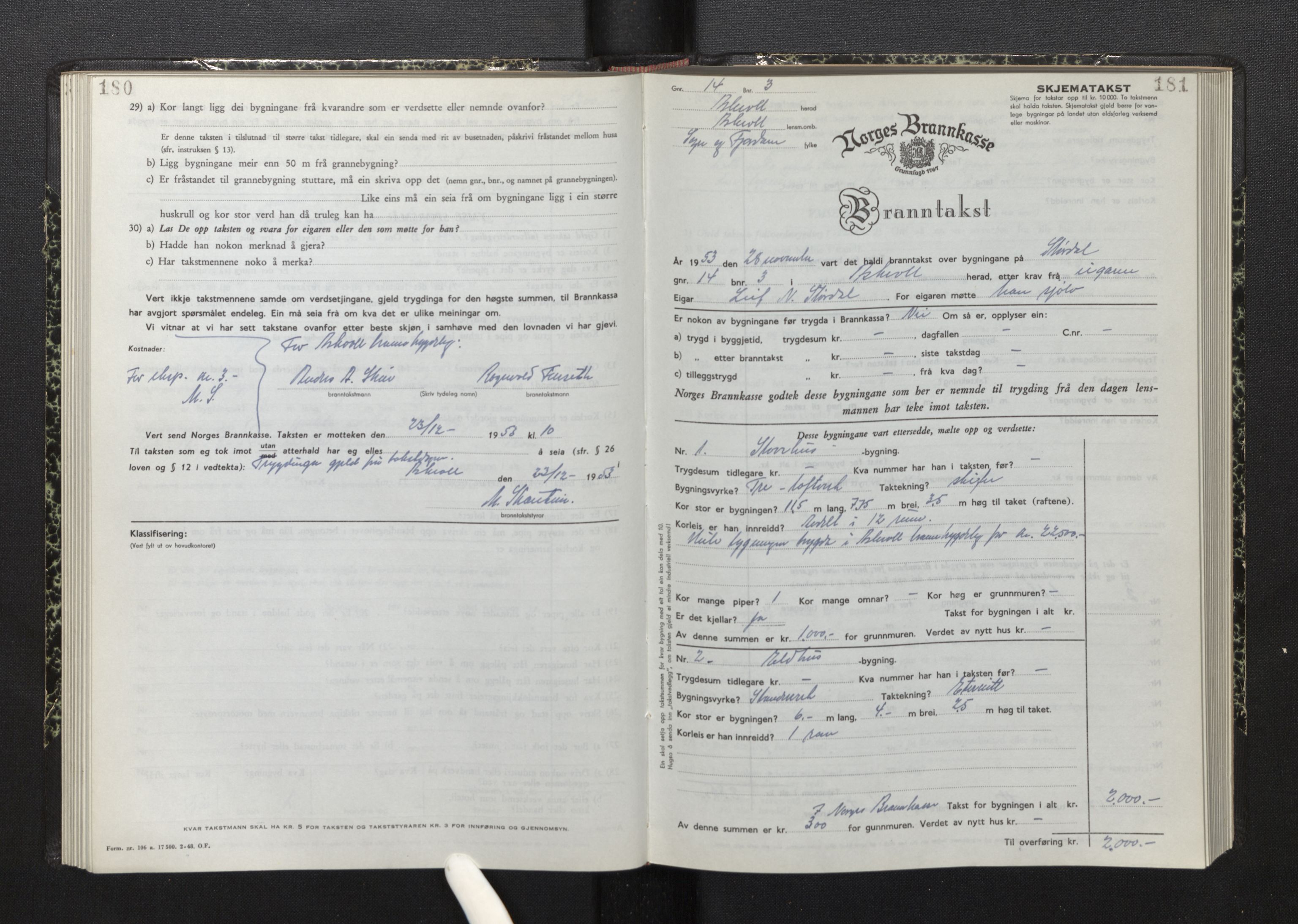 Lensmannen i Askvoll, AV/SAB-A-26301/0012/L0006: Branntakstprotokoll, skjematakst, 1950-1955, s. 180-181