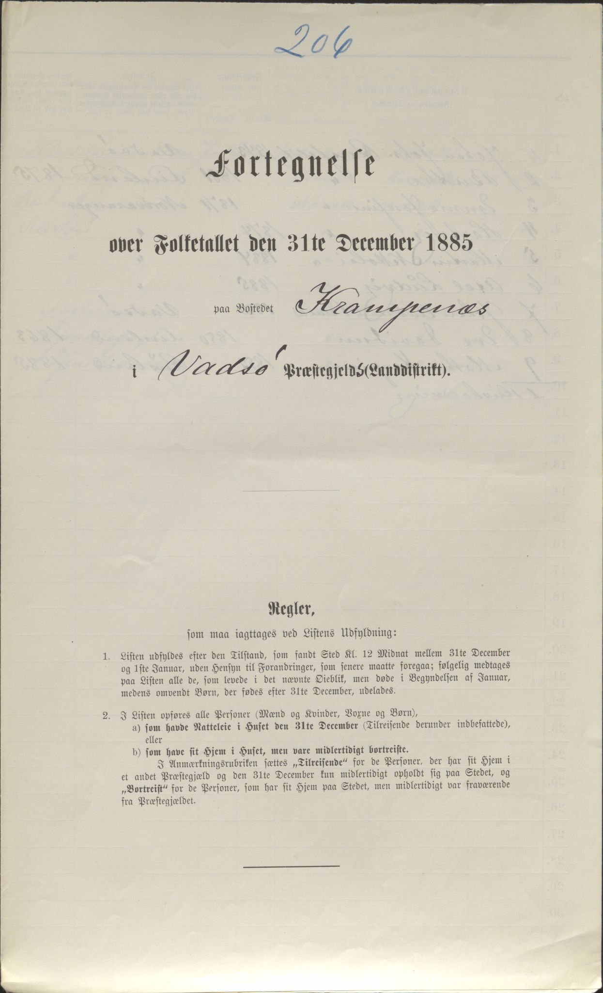 SATØ, Folketelling 1885 for 2029 Vadsø landsogn, 1885, s. 206a