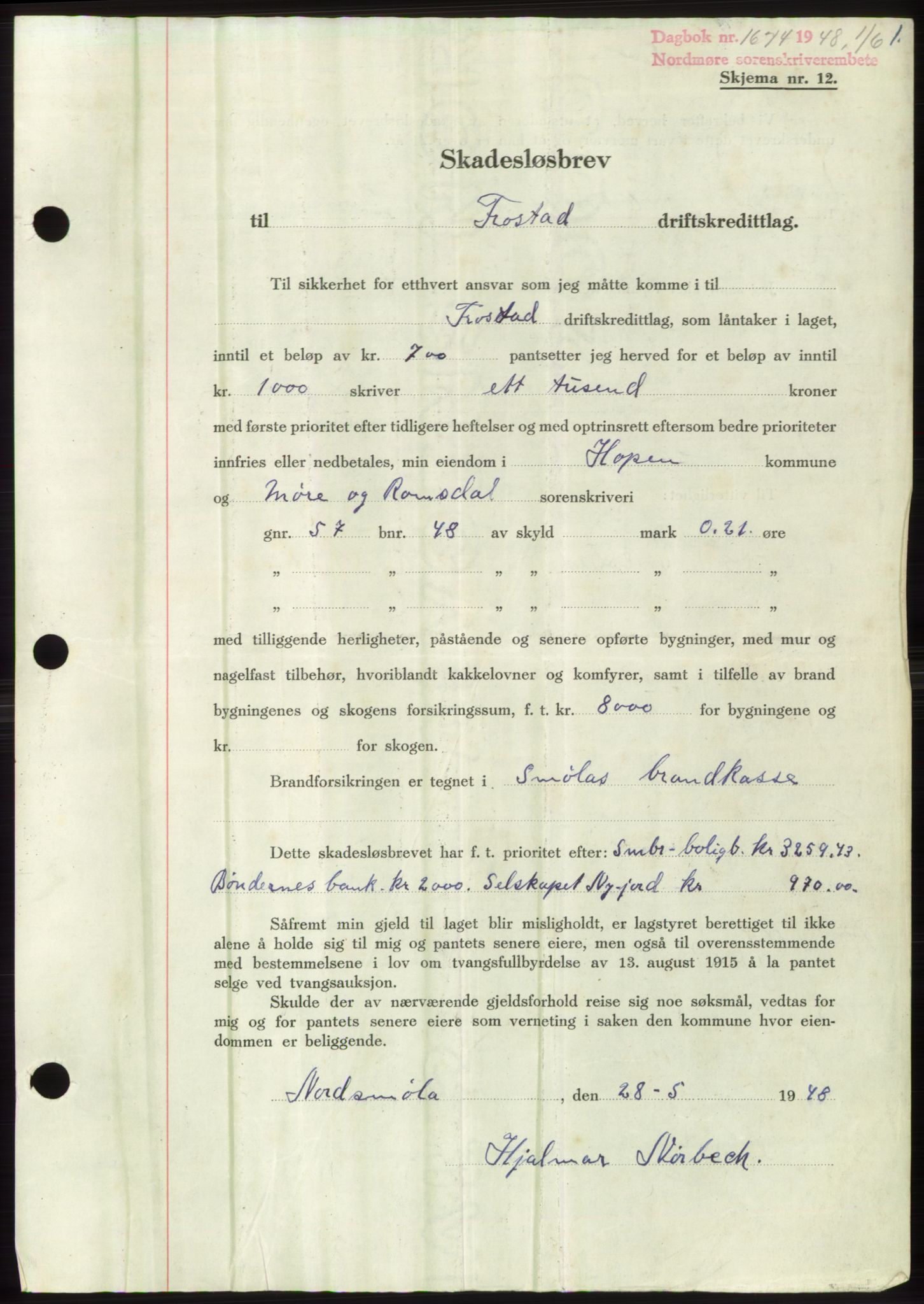 Nordmøre sorenskriveri, SAT/A-4132/1/2/2Ca: Pantebok nr. B99, 1948-1948, Dagboknr: 1674/1948