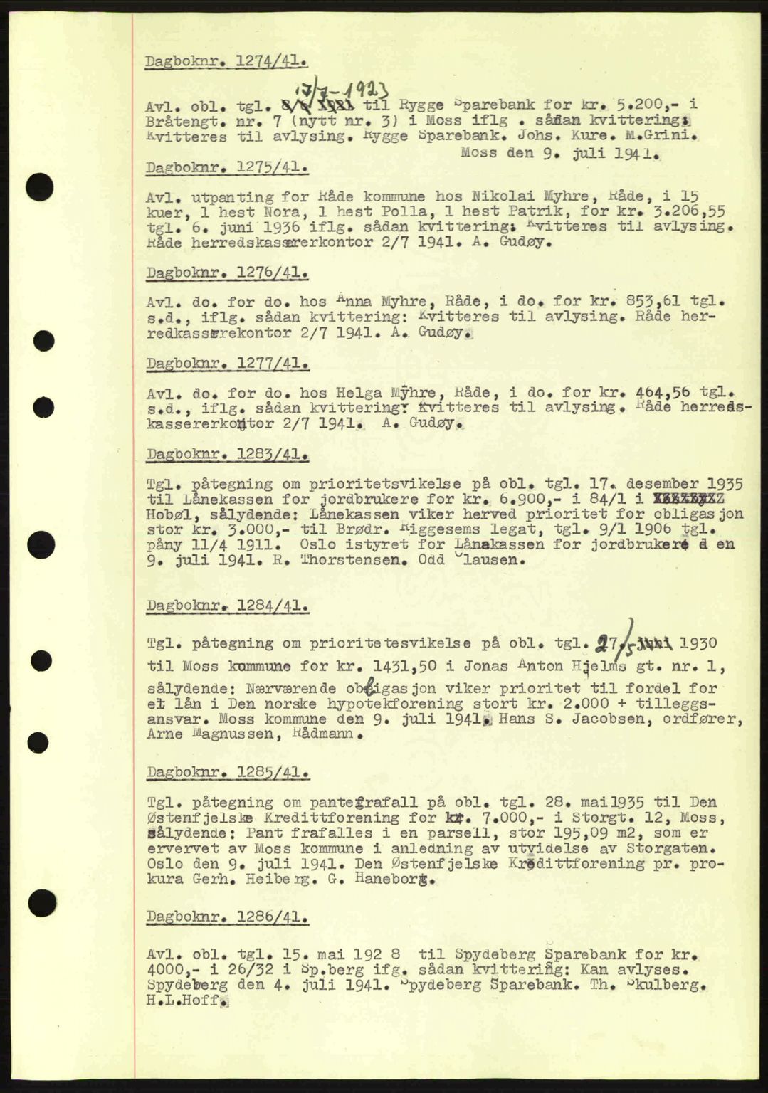 Moss sorenskriveri, SAO/A-10168: Pantebok nr. B10, 1940-1941, Dagboknr: 1274/1941