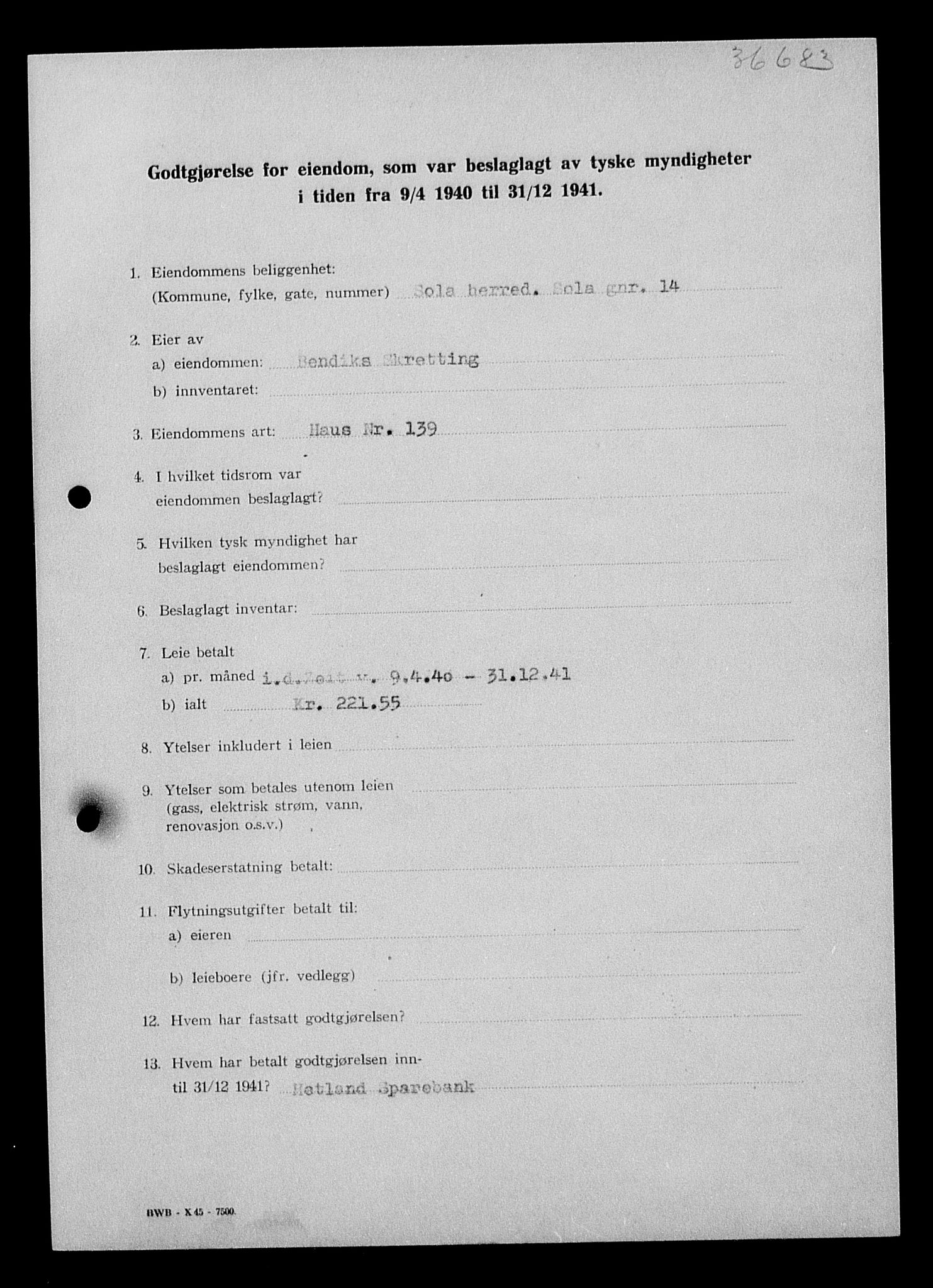 Justisdepartementet, Tilbakeføringskontoret for inndratte formuer, AV/RA-S-1564/I/L1015: Godtgjørelse for beslaglagt eiendom, 1940-1941, s. 181