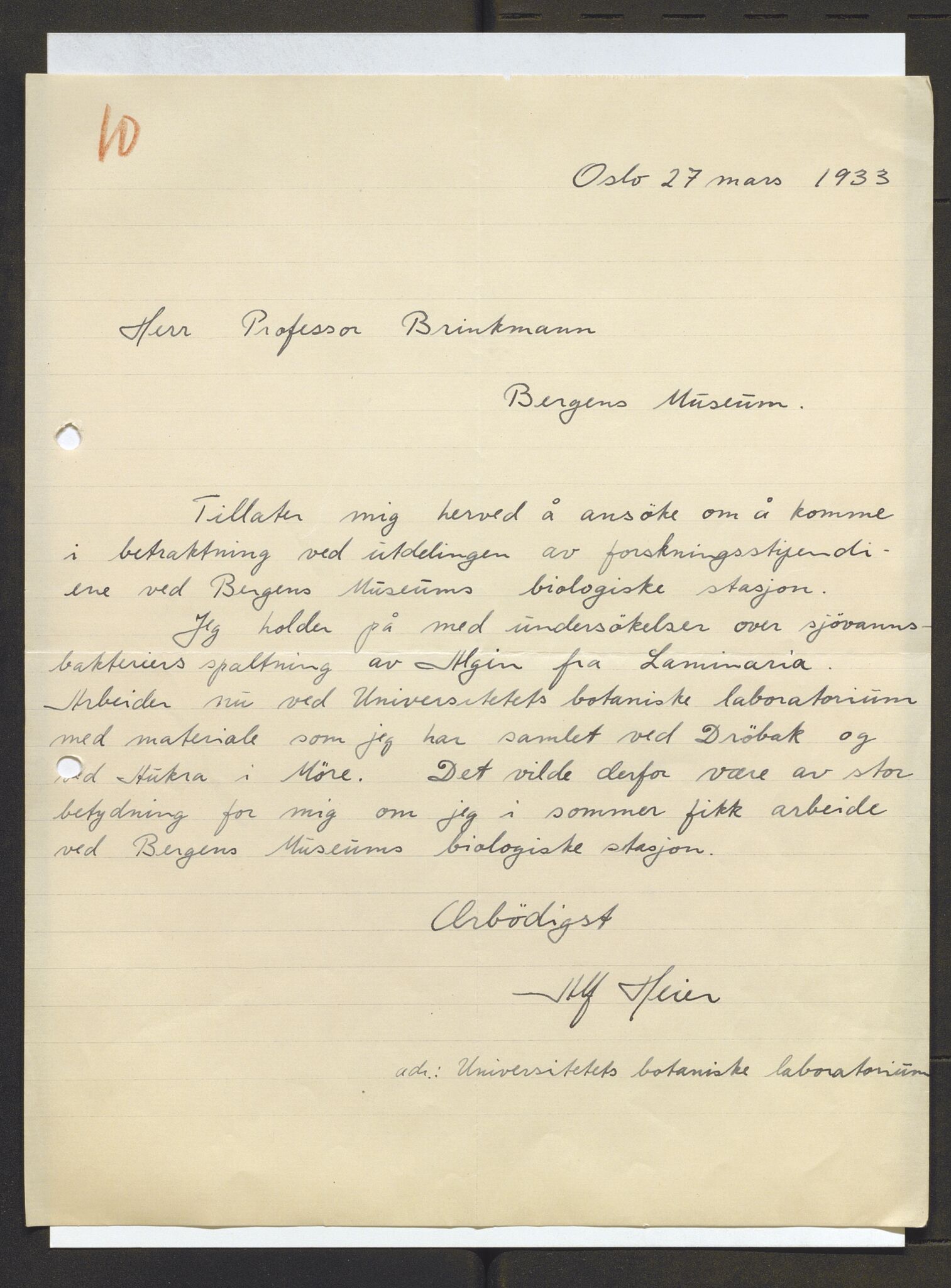 Bergens Museum, AV/SAB-A-17301/13/D/L0002: Korrespondanse , 1928-1940, s. 520