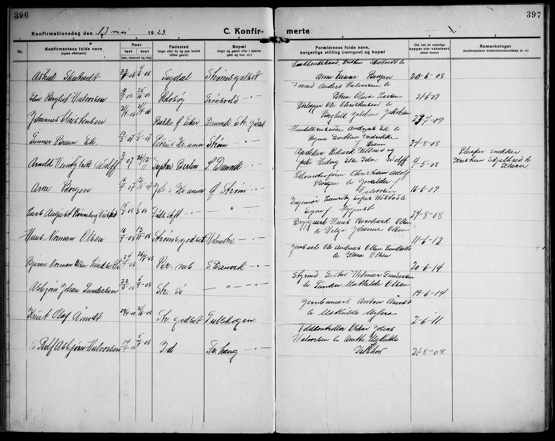 Strømsgodset kirkebøker, AV/SAKO-A-324/F/Fa/L0003: Ministerialbok nr. 3, 1920-1936, s. 396-397