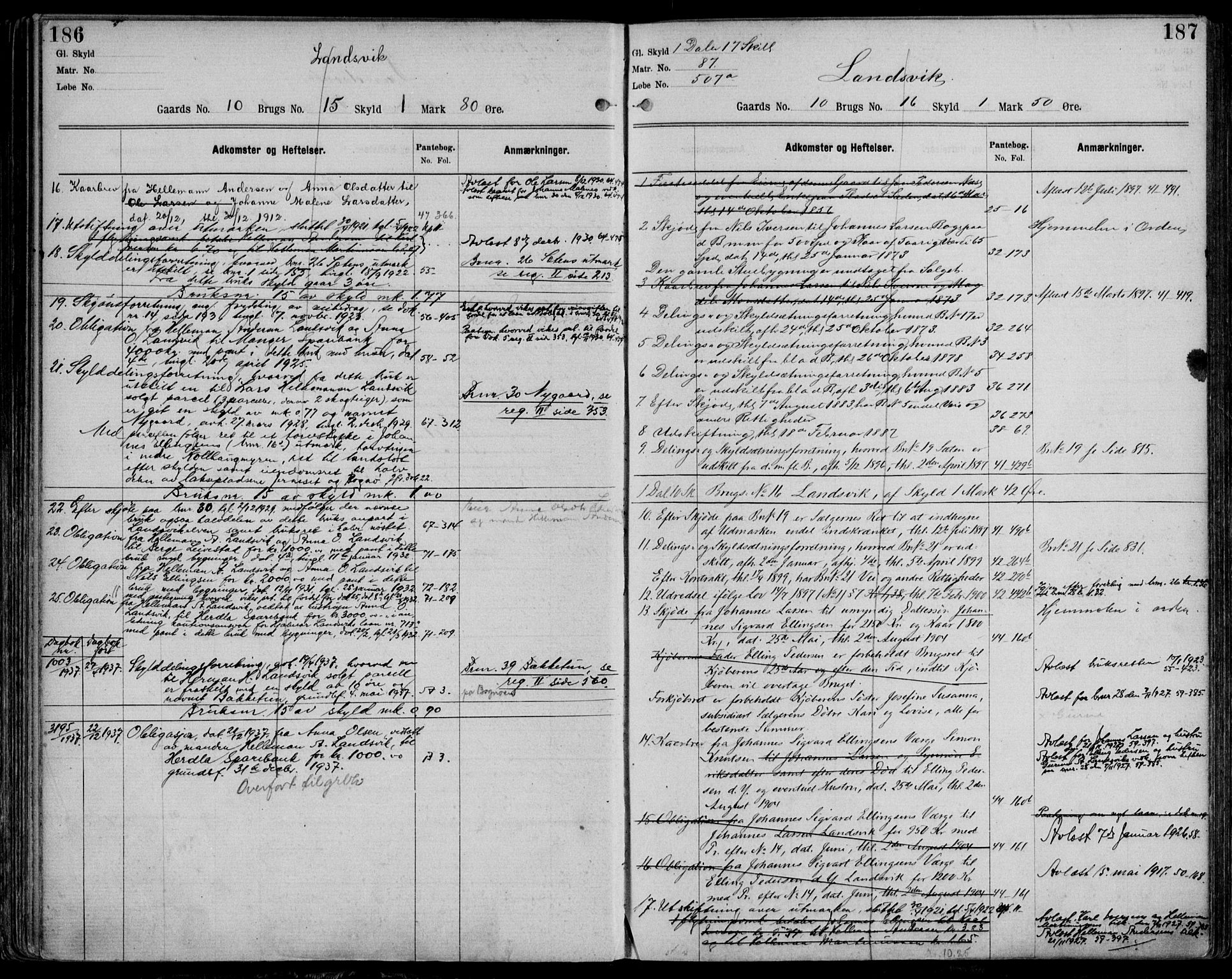 Nordhordland sorenskrivar, AV/SAB-A-2901/1/G/Ga/Gaaa/L0044: Panteregister nr. II.A.a.44, 1893-1952, s. 186-187