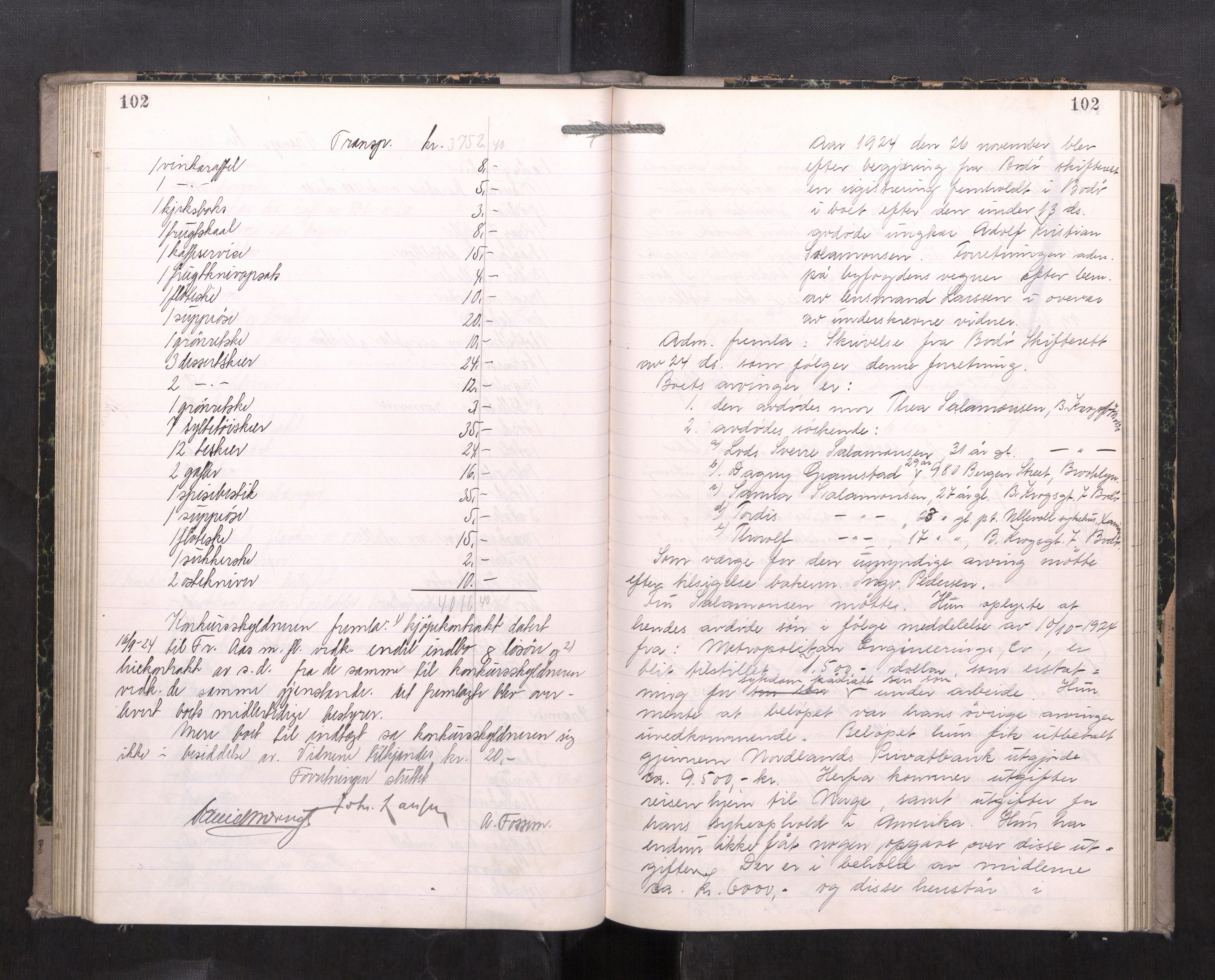 Bodø sorenskriveri, AV/SAT-A-0022/1/3/3C/L0003: Skifteregistreringsprotokoll, 1917-1928, s. 102