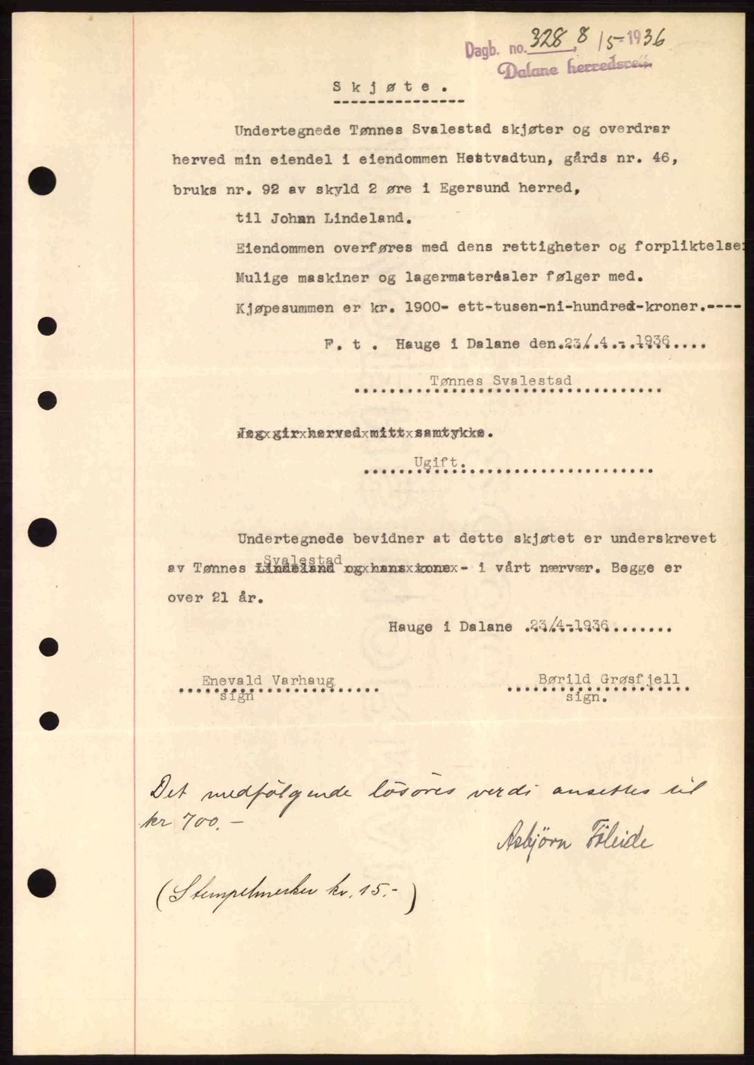 Dalane sorenskriveri, SAST/A-100309/02/G/Gb/L0040: Pantebok nr. A1, 1936-1936, Dagboknr: 328/1936