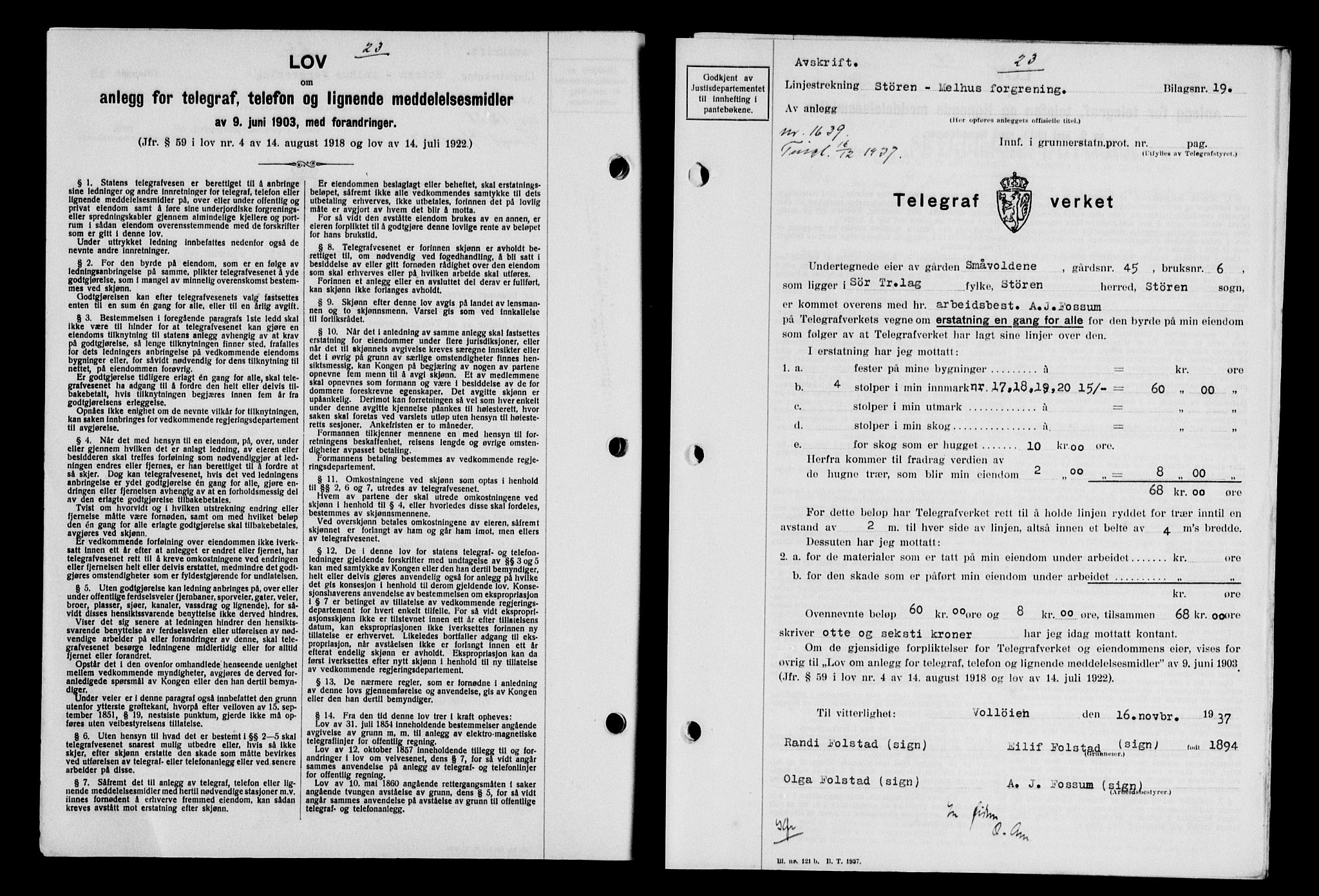 Gauldal sorenskriveri, SAT/A-0014/1/2/2C/L0048: Pantebok nr. 51-52, 1937-1938, s. 23, Dagboknr: 1639/1937