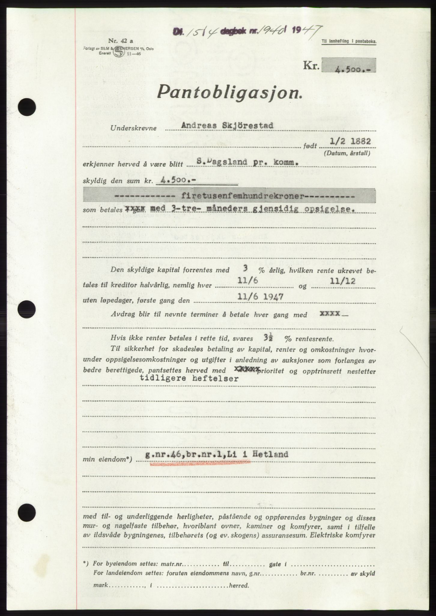 Jæren sorenskriveri, SAST/A-100310/03/G/Gba/L0094: Pantebok, 1947-1947, Dagboknr: 1940/1947