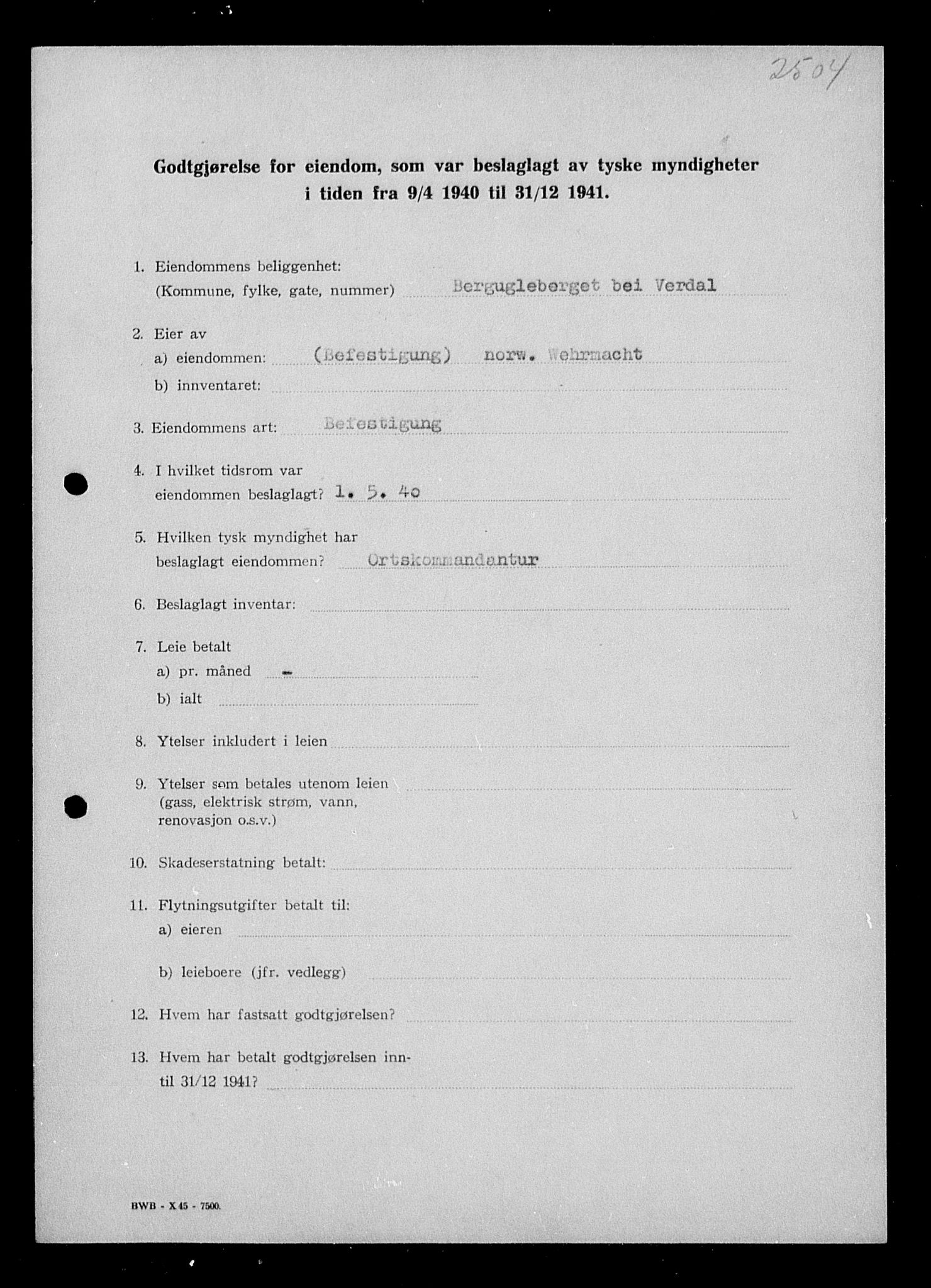 Justisdepartementet, Tilbakeføringskontoret for inndratte formuer, AV/RA-S-1564/I/L1019: Godtgjørelse for beslaglagt eiendom, 1940-1941, s. 88