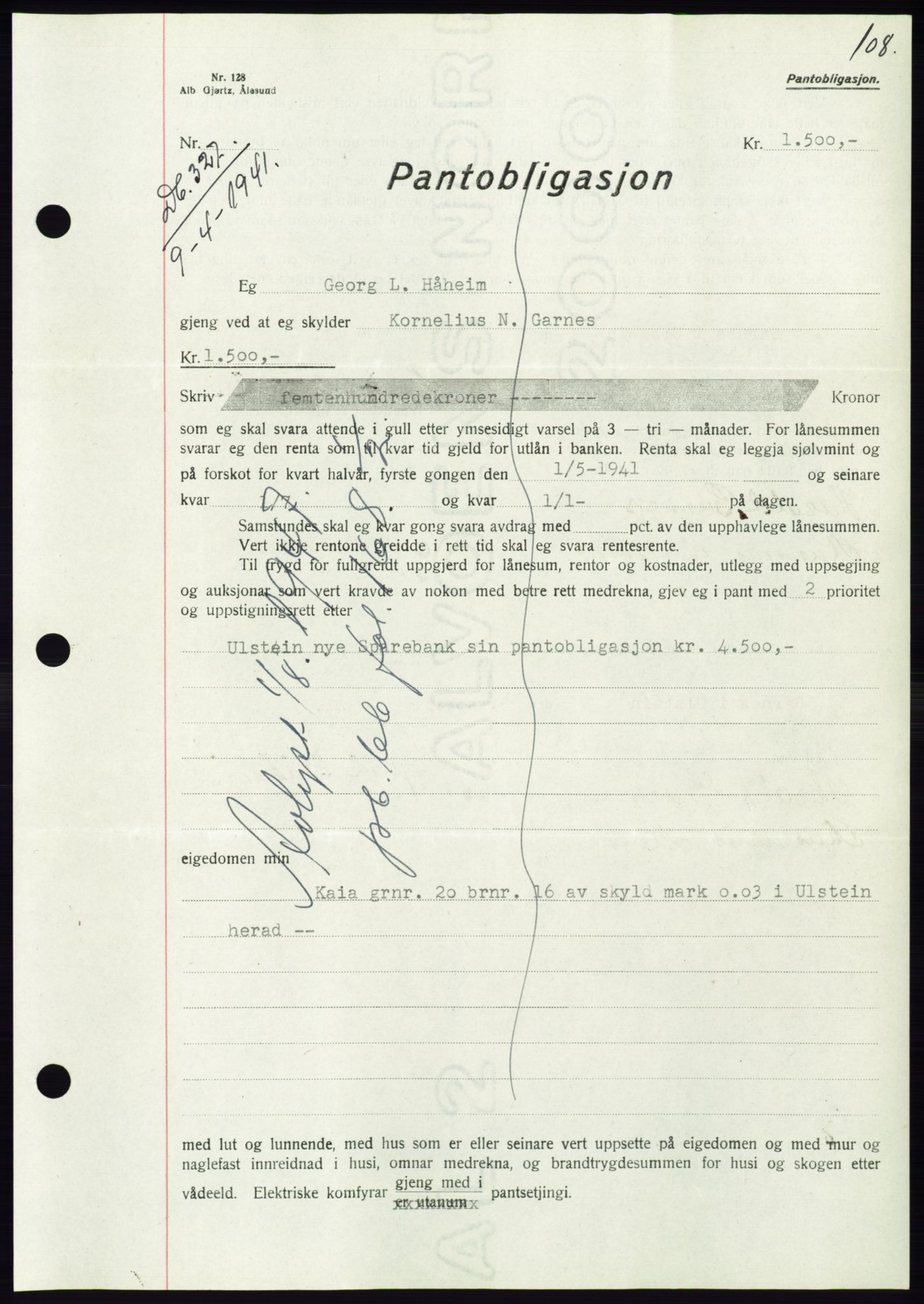 Søre Sunnmøre sorenskriveri, AV/SAT-A-4122/1/2/2C/L0071: Pantebok nr. 65, 1941-1941, Dagboknr: 327/1941