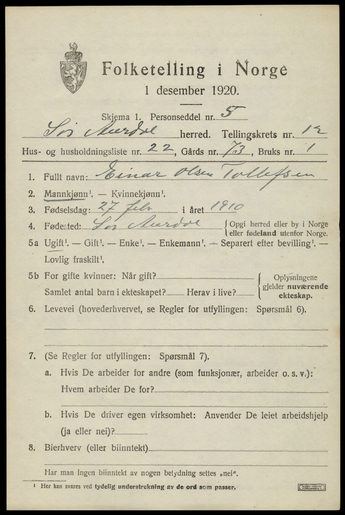 SAH, Folketelling 1920 for 0540 Sør-Aurdal herred, 1920, s. 6989