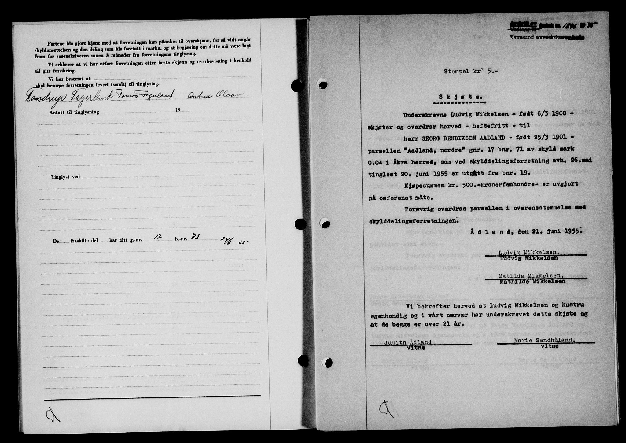 Karmsund sorenskriveri, SAST/A-100311/01/II/IIB/L0116: Pantebok nr. 96A, 1955-1955, Dagboknr: 1896/1955