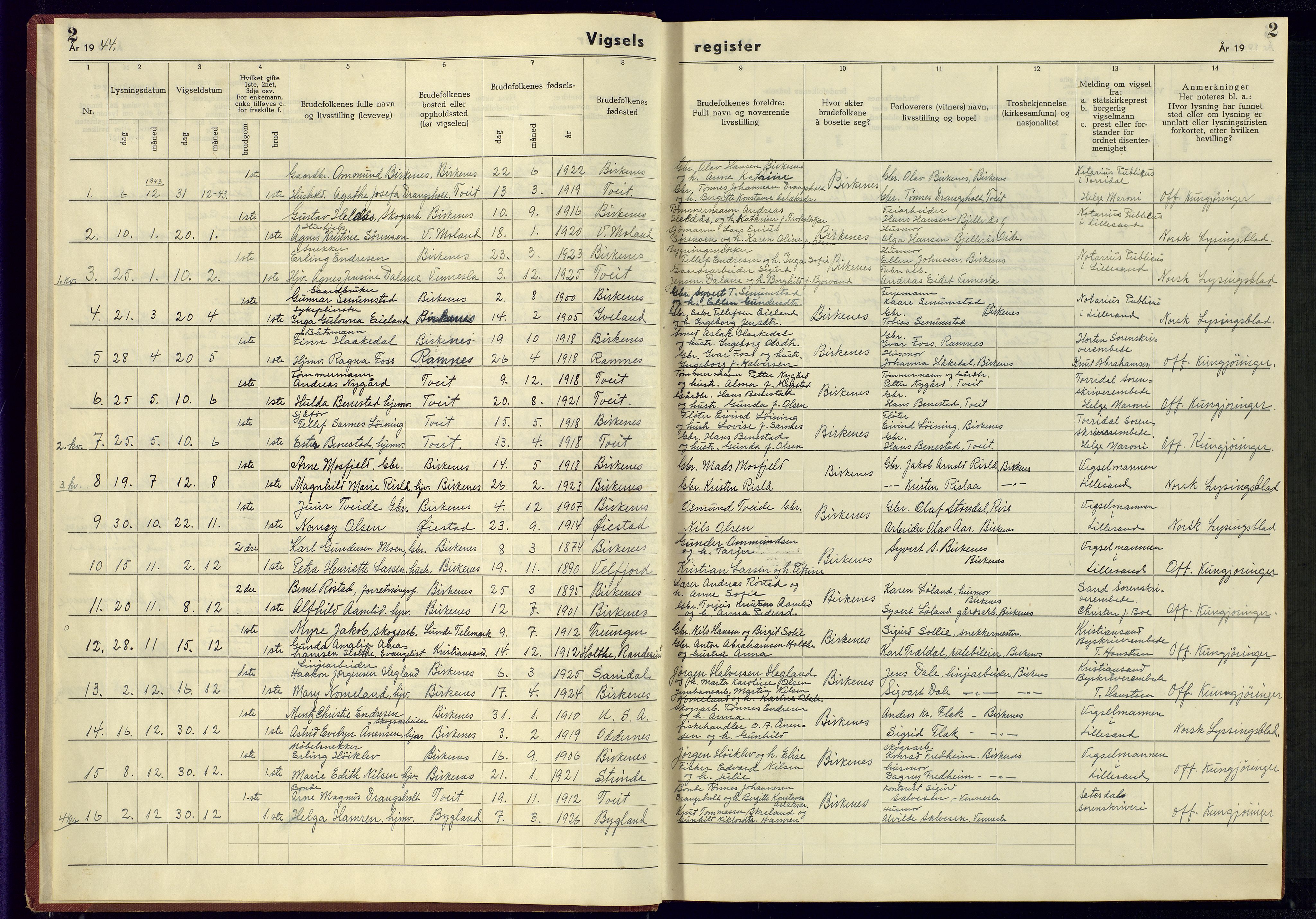 Birkenes sokneprestkontor, SAK/1111-0004/J/Jb/L0002: Vigselsregister nr. II.6.2, 1943-1951, s. 2