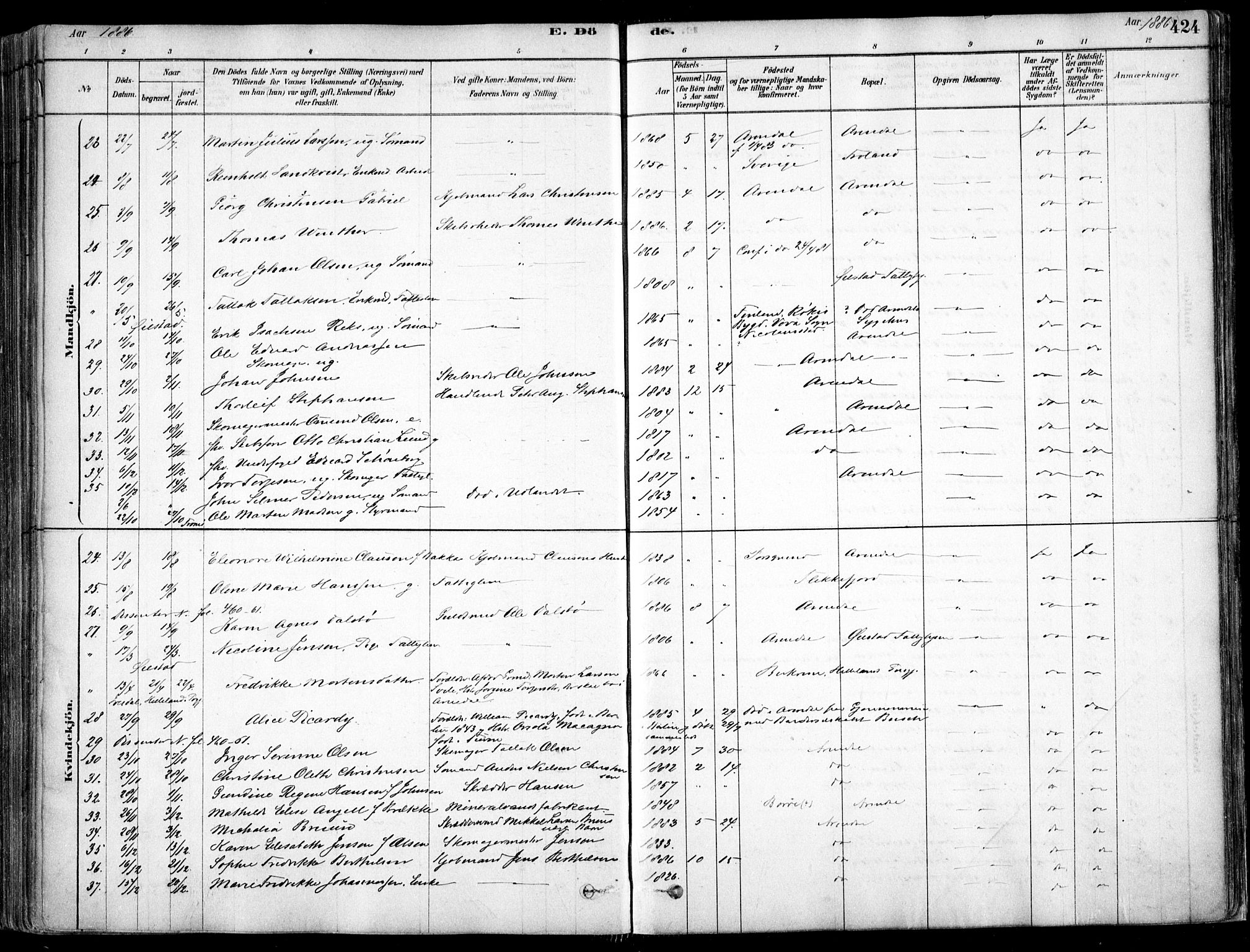 Arendal sokneprestkontor, Trefoldighet, AV/SAK-1111-0040/F/Fa/L0008: Ministerialbok nr. A 8, 1878-1899, s. 424