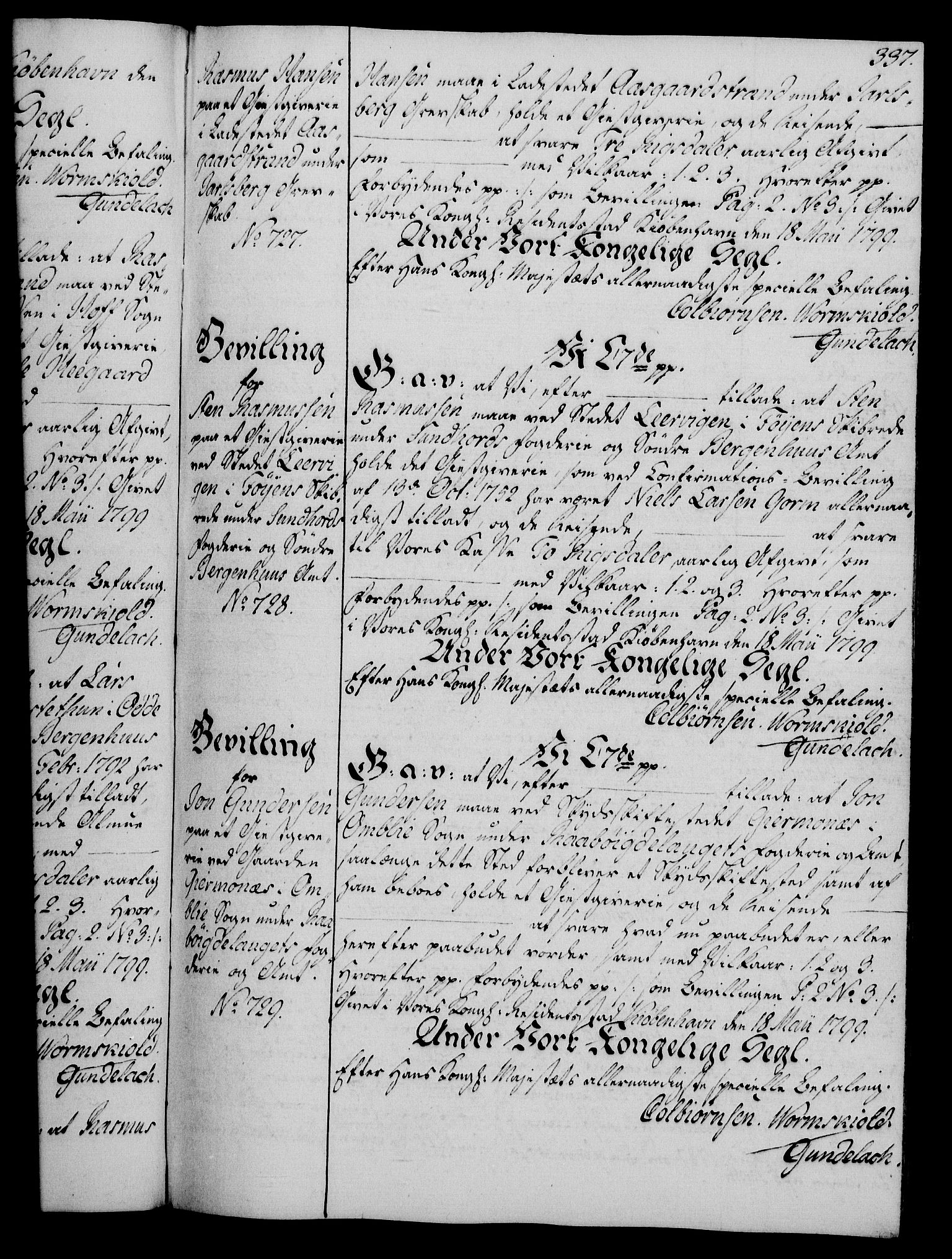 Rentekammeret, Kammerkanselliet, AV/RA-EA-3111/G/Gg/Gga/L0016: Norsk ekspedisjonsprotokoll med register (merket RK 53.16), 1794-1800, s. 337