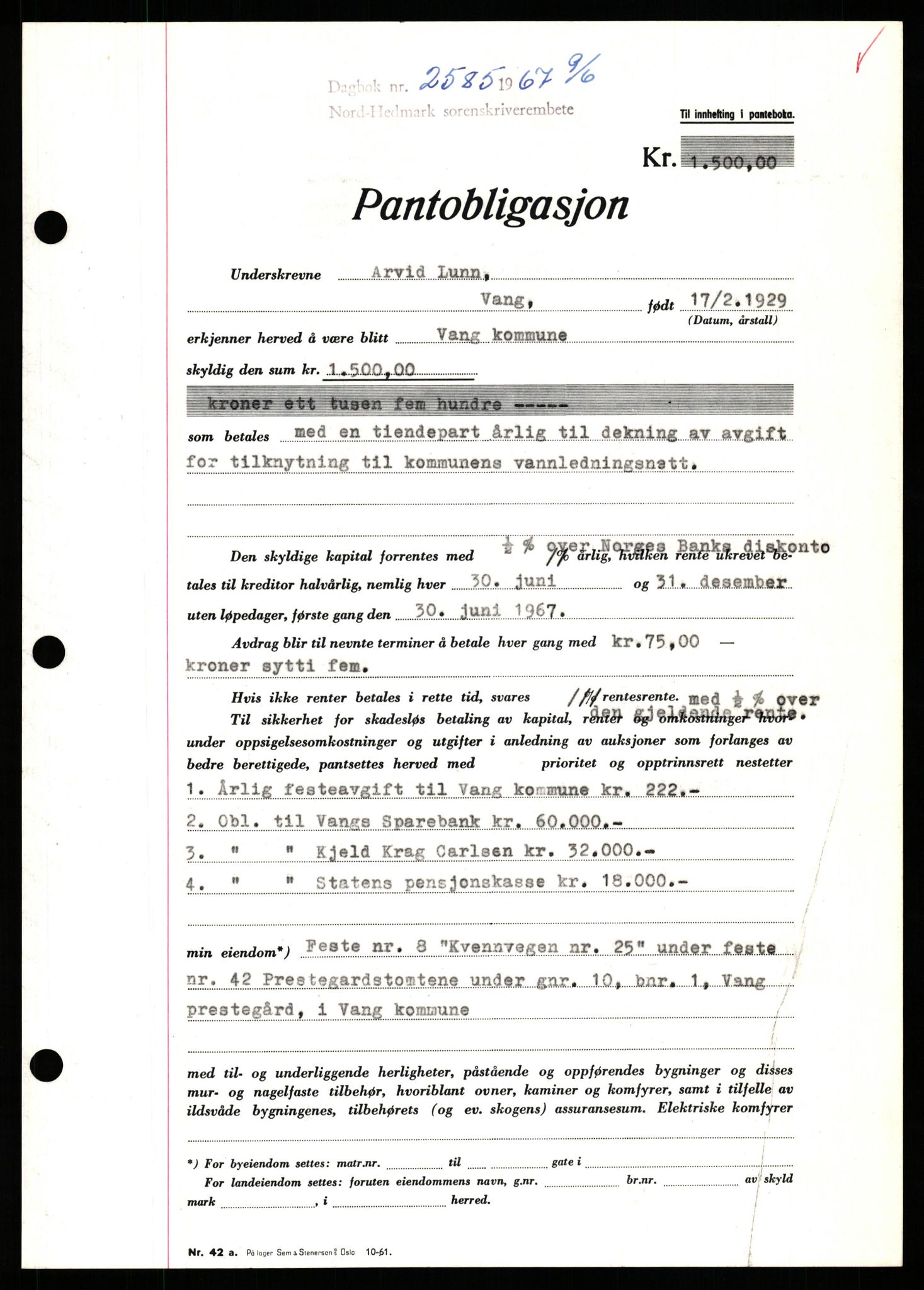 Nord-Hedmark sorenskriveri, SAH/TING-012/H/Hb/Hbf/L0071: Pantebok nr. B71, 1967-1967, Dagboknr: 2585/1967