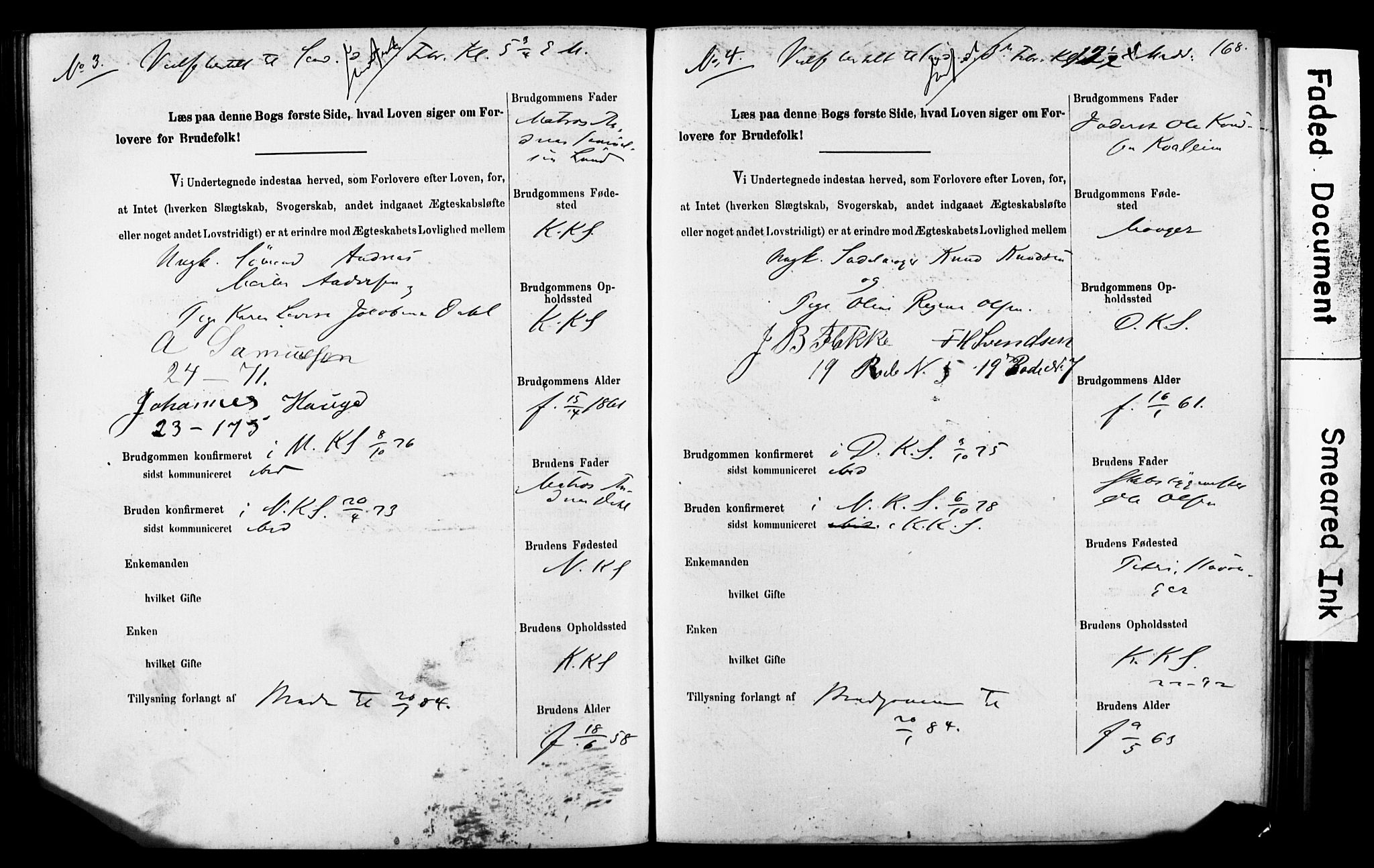 Korskirken sokneprestembete, SAB/A-76101: Forlovererklæringer nr. II.5.5, 1878-1889, s. 168