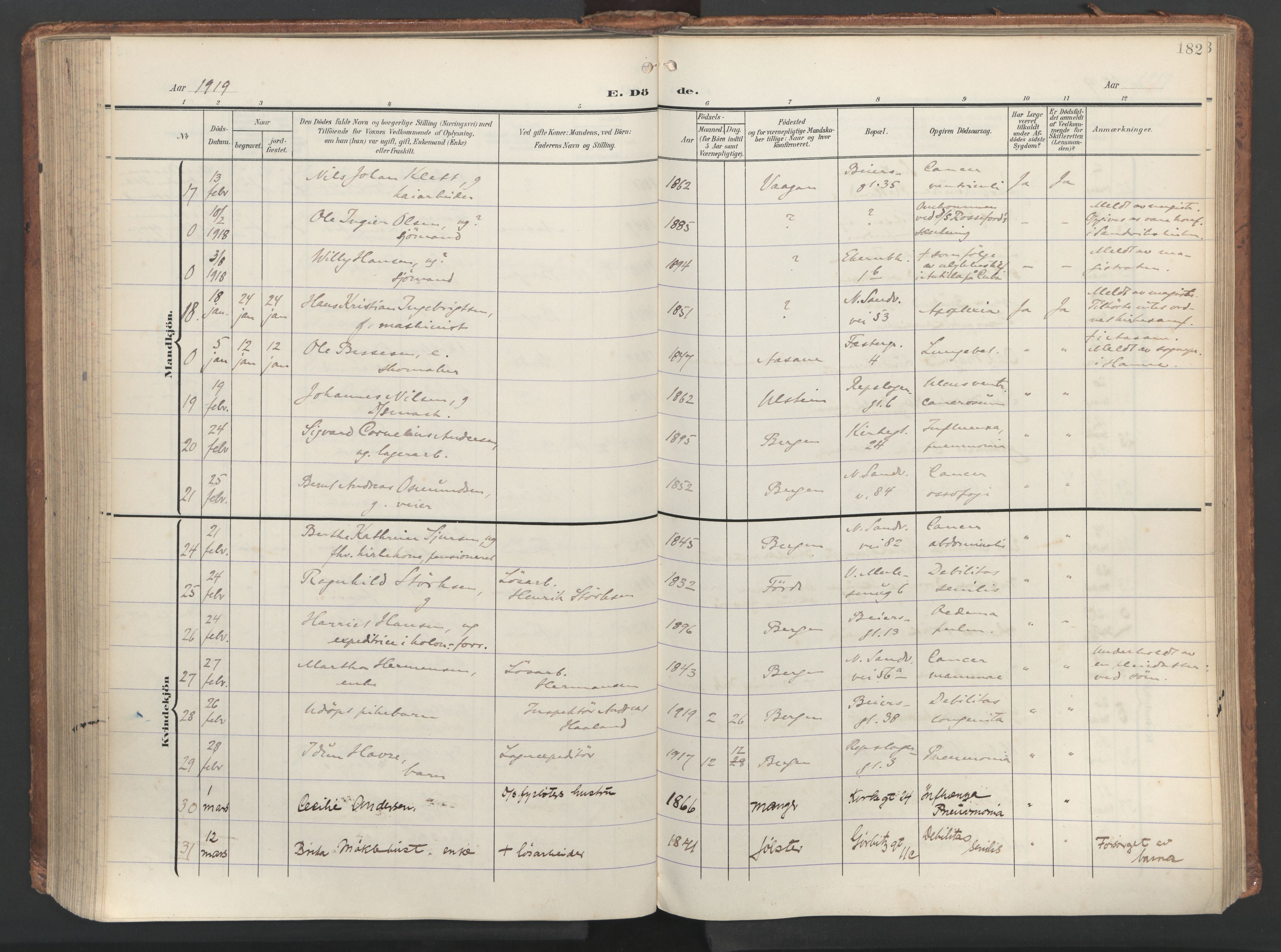 Sandviken Sokneprestembete, AV/SAB-A-77601/H/Ha/L0019: Ministerialbok nr. E 2, 1905-1933, s. 182