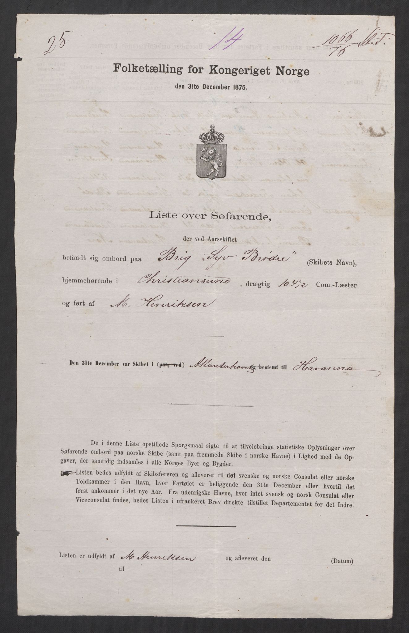 RA, Folketelling 1875, skipslister: Skip i utenrikske havner, hjemmehørende i 1) byer og ladesteder, Grimstad - Tromsø, 2) landdistrikter, 1875, s. 1060