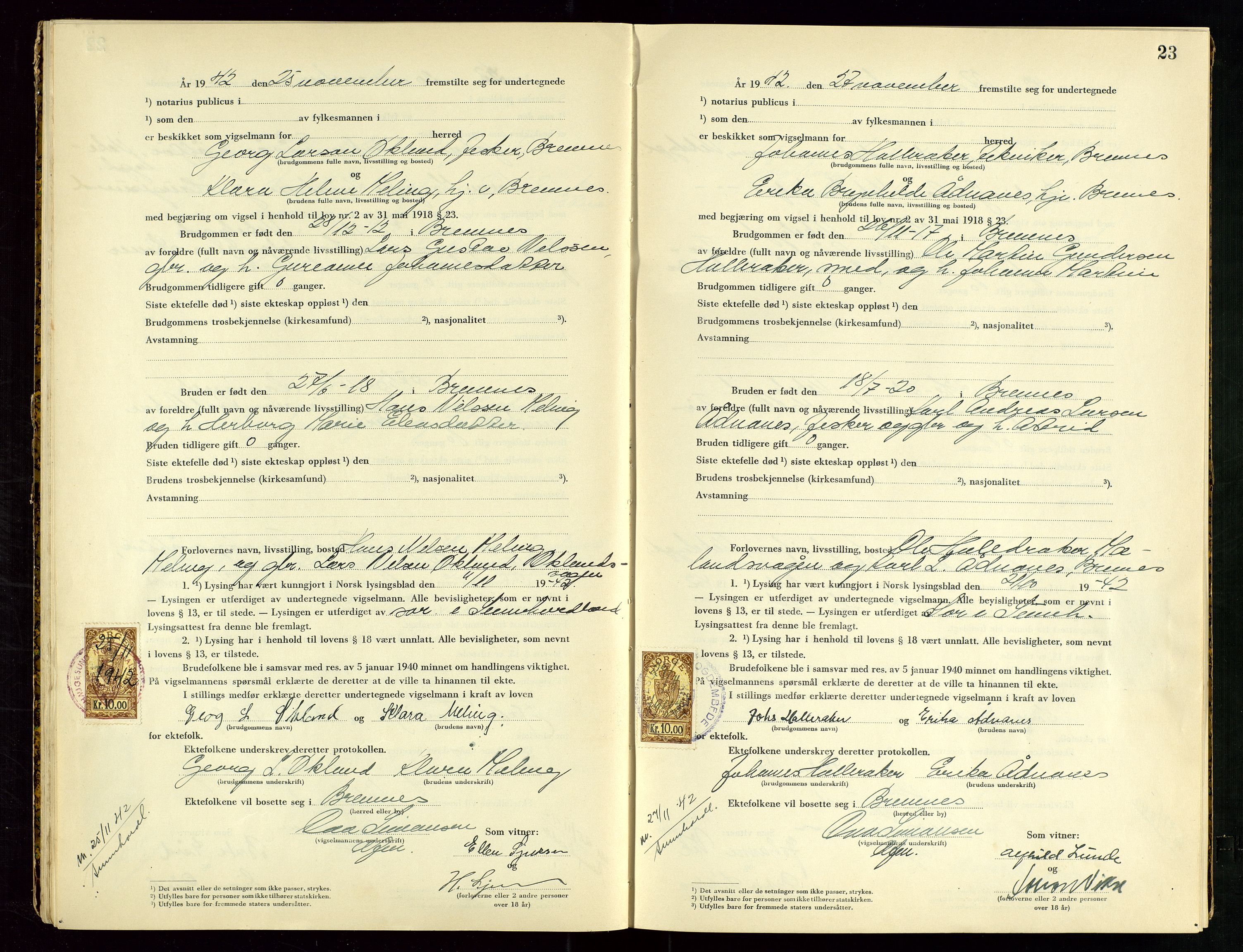 Haugesund tingrett, AV/SAST-A-101415/01/III/IIID/L0003: Vigselbok, 1942-1943, s. 23