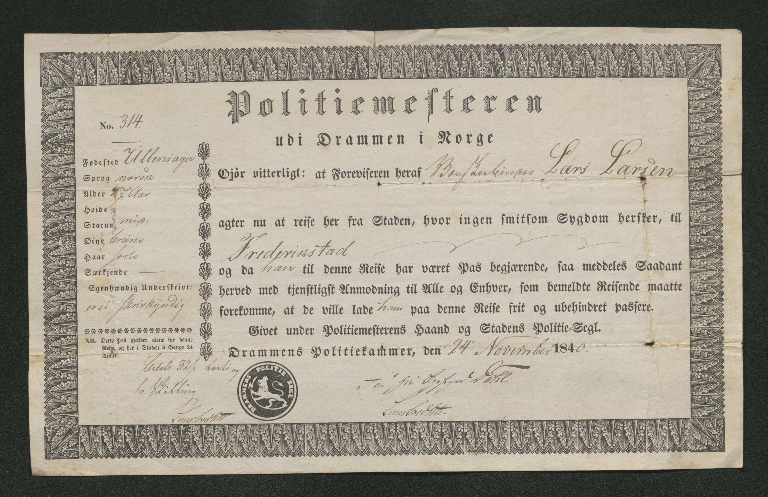 Drammen politikammer, SAKO/A-623/I/Ia/Iab/L0006: Innleverte pass, 1841-1842, s. 231