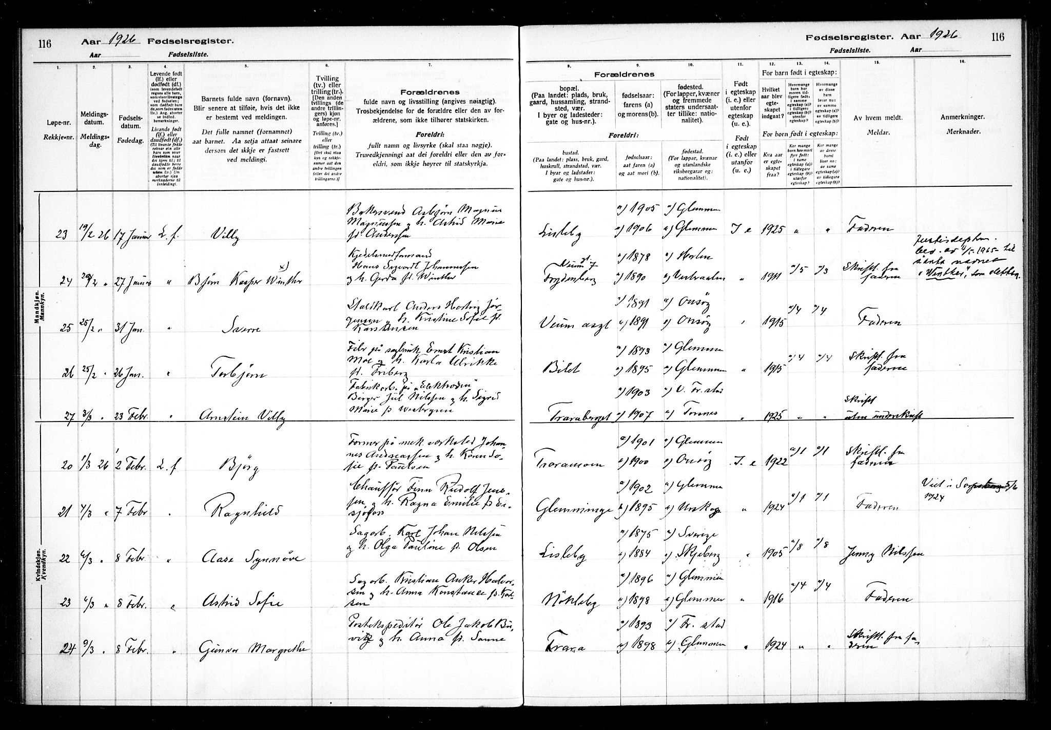 Glemmen prestekontor Kirkebøker, AV/SAO-A-10908/J/Ja/L0002: Fødselsregister nr. I 2, 1922-1929, s. 116