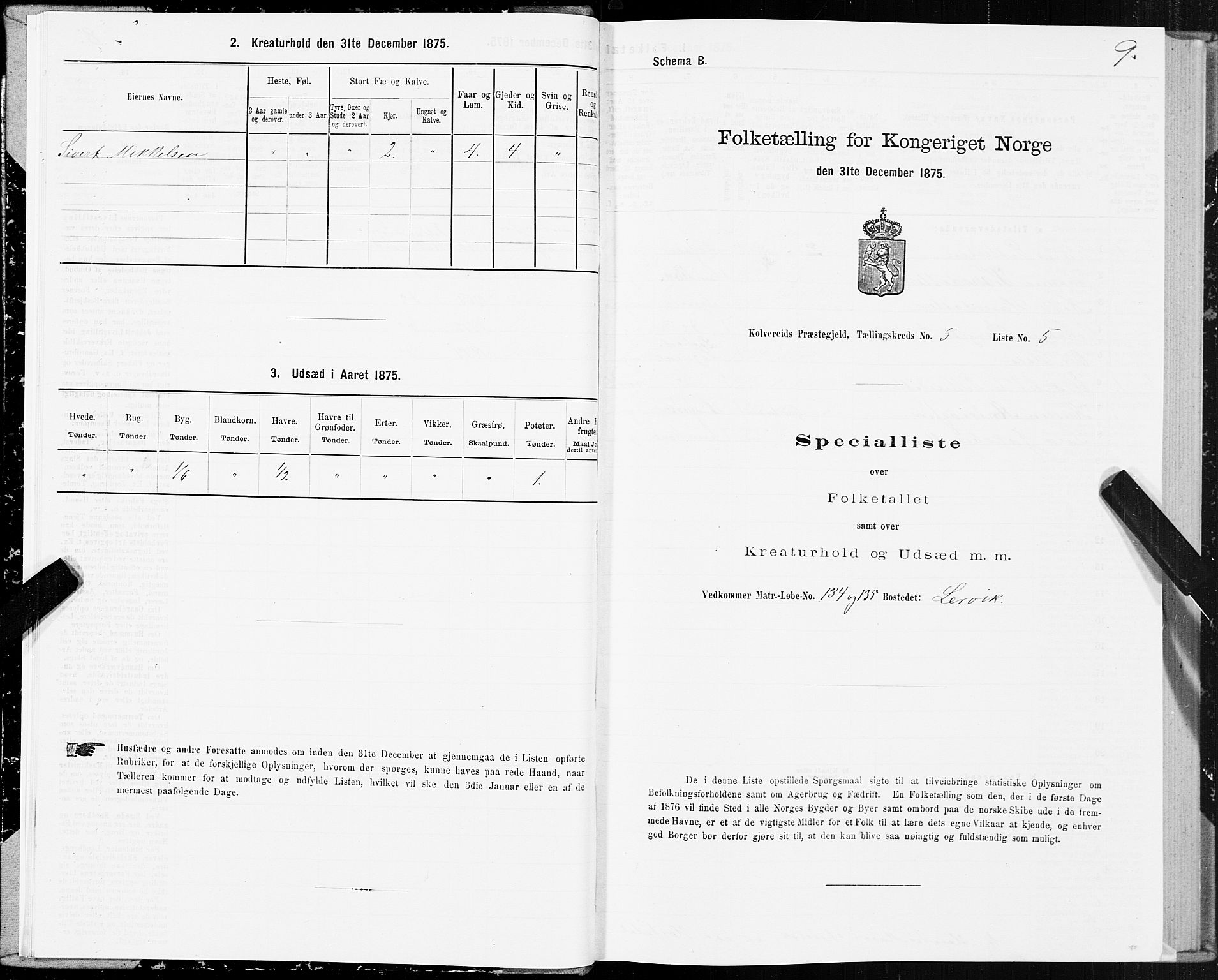 SAT, Folketelling 1875 for 1752P Kolvereid prestegjeld, 1875, s. 3009