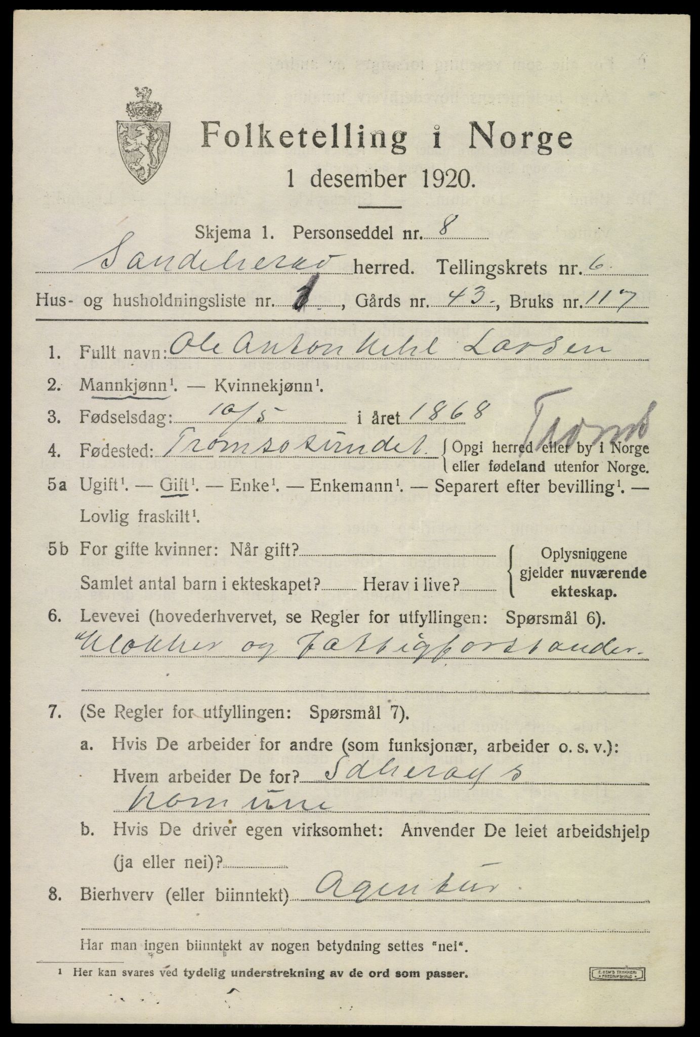 SAKO, Folketelling 1920 for 0724 Sandeherred herred, 1920, s. 9572