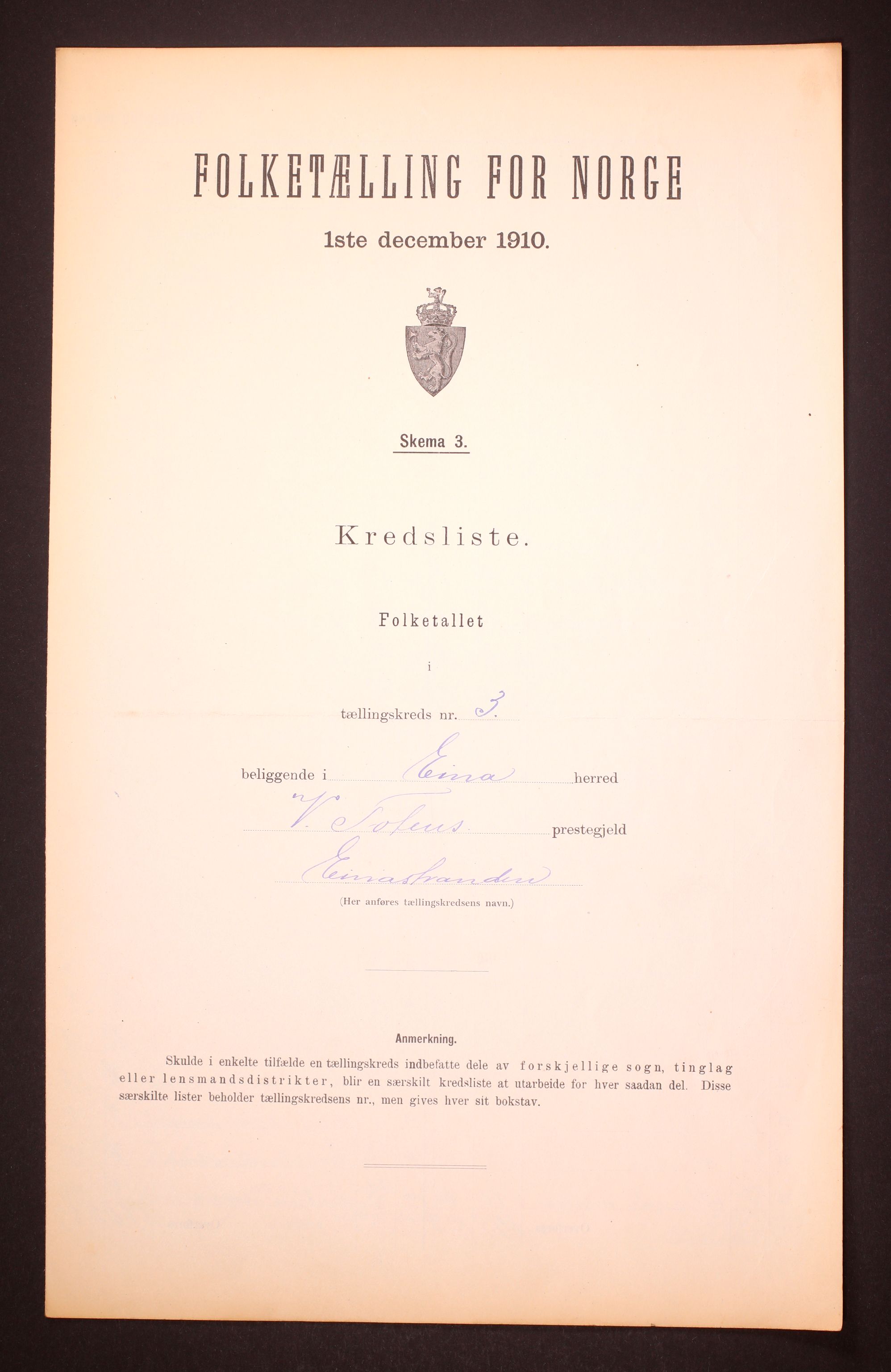 RA, Folketelling 1910 for 0530 Eina herred, 1910, s. 10