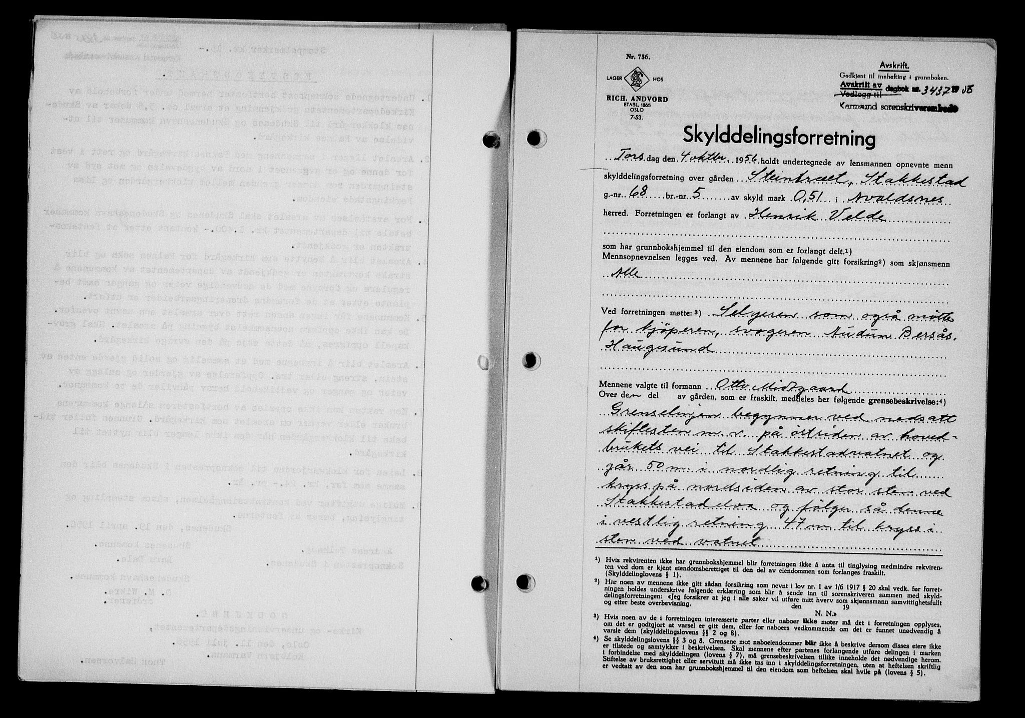 Karmsund sorenskriveri, SAST/A-100311/01/II/IIB/L0121: Pantebok nr. 101A, 1956-1956, Dagboknr: 3436/1956