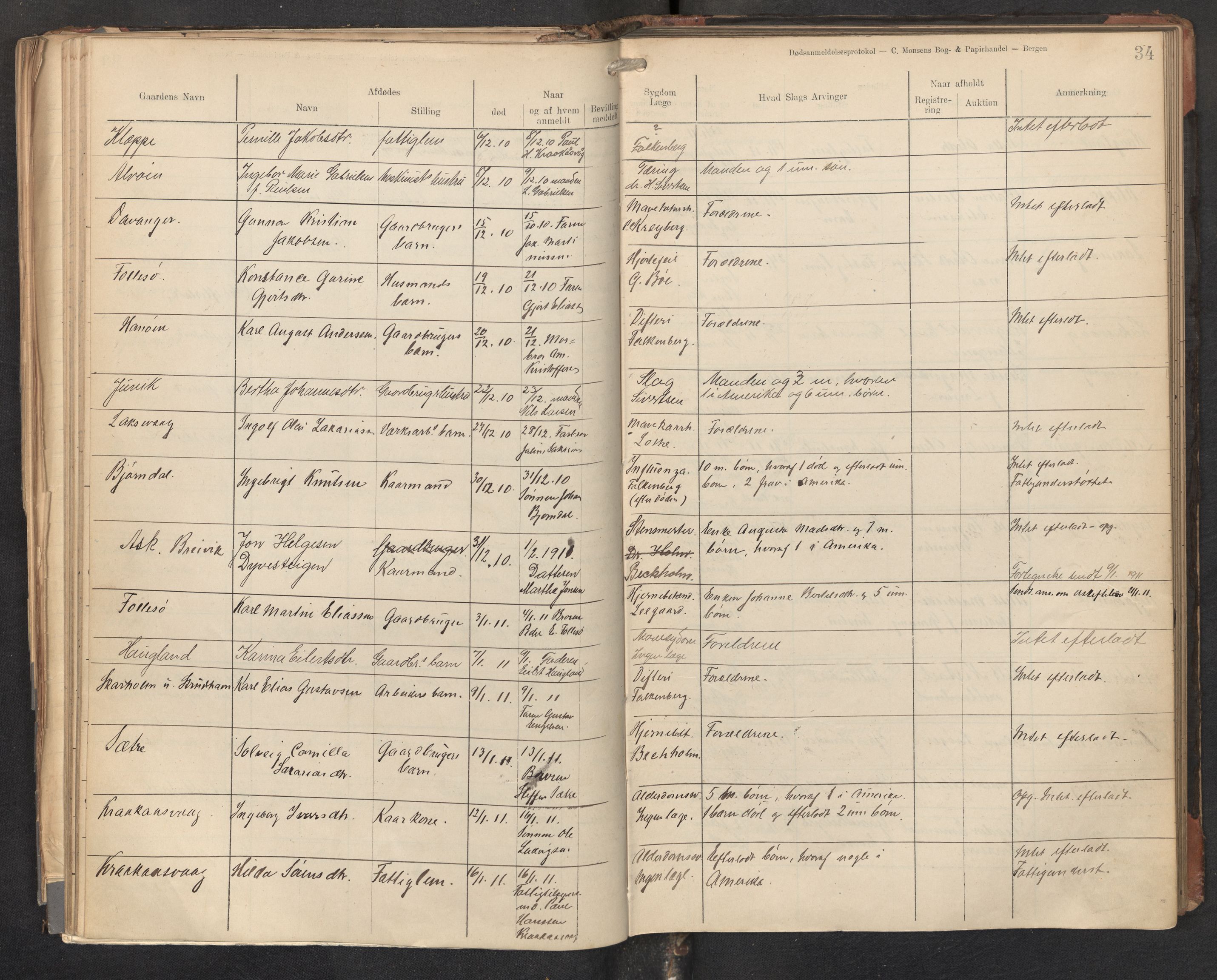 Lensmannen i Askøy, AV/SAB-A-31001/0006/L0001: Dødsfallprotokoll med register , 1907-1921, s. 34