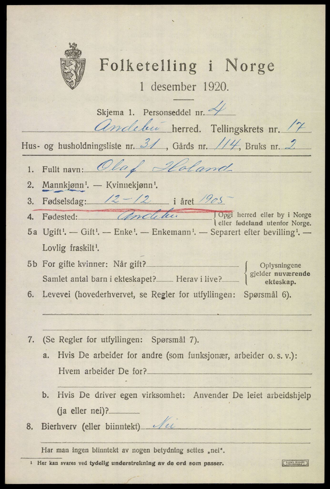 SAKO, Folketelling 1920 for 0719 Andebu herred, 1920, s. 6036