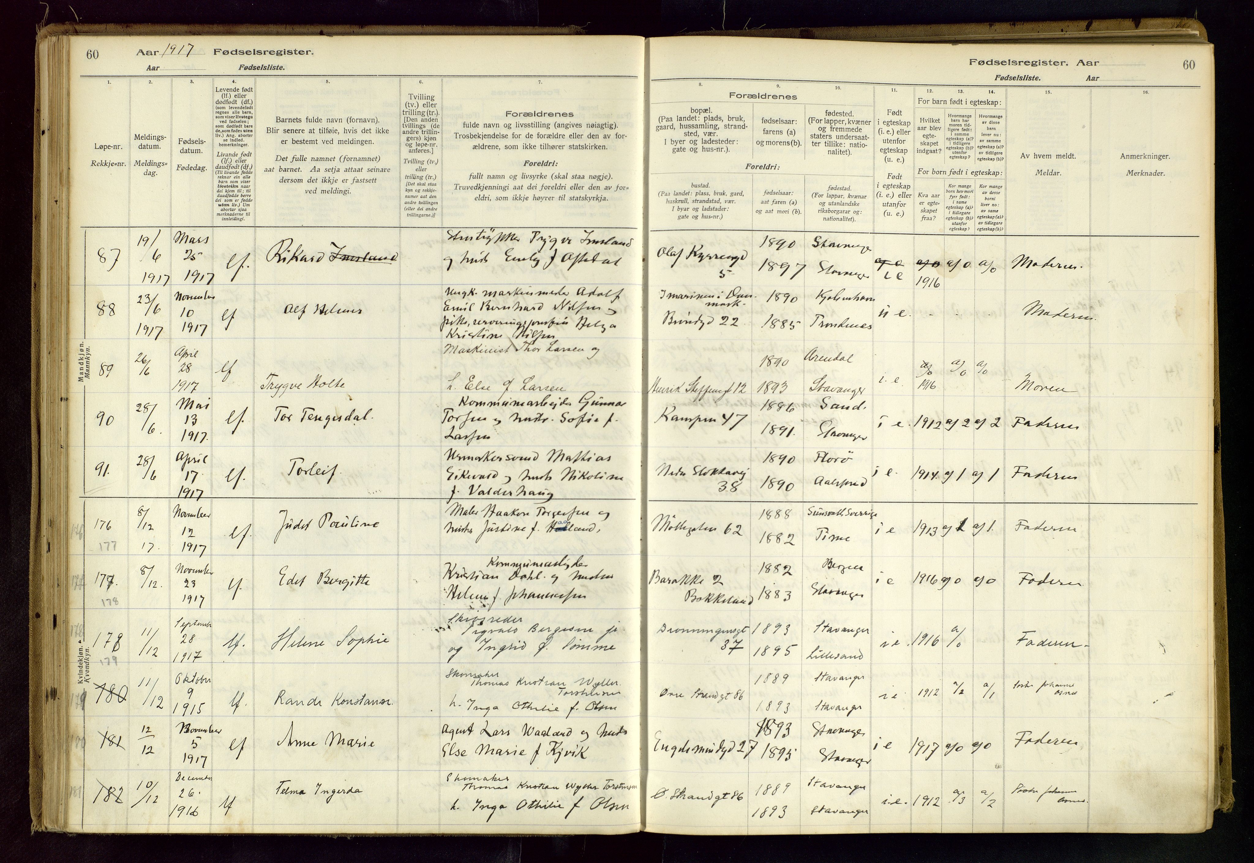 Domkirken sokneprestkontor, SAST/A-101812/002/B/L0001: Fødselsregister nr. 1, 1916-1920, s. 60