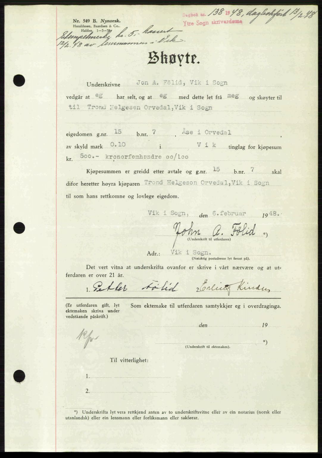 Ytre Sogn tingrett, SAB/A-2601/1/G/Gbb/L0005: Pantebok nr. A3 - A4 (B2), 1947-1948, Dagboknr: 138/1948