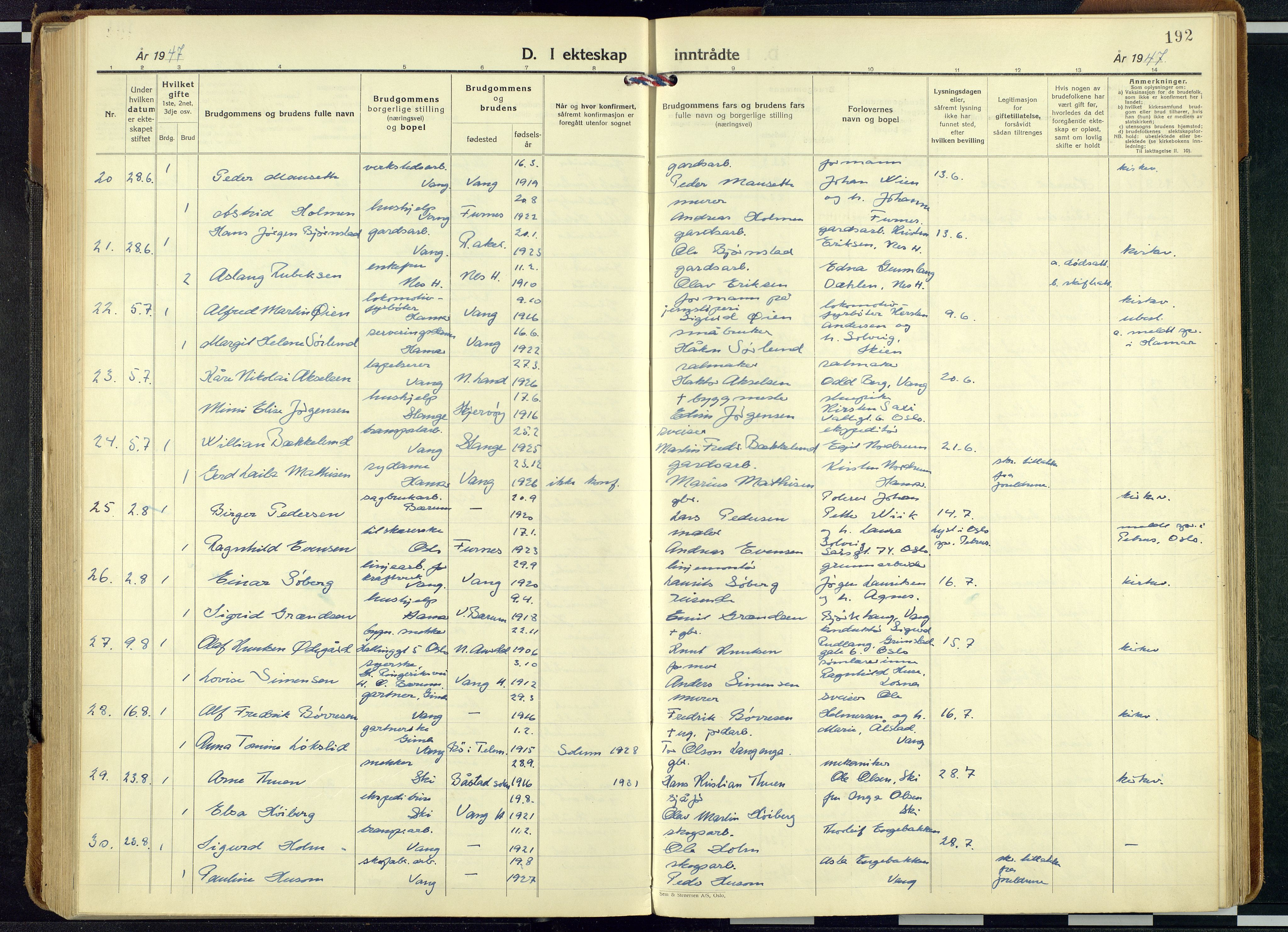 Vang prestekontor, Hedmark, AV/SAH-PREST-008/H/Ha/Haa/L0024: Ministerialbok nr. 24, 1941-1967, s. 192