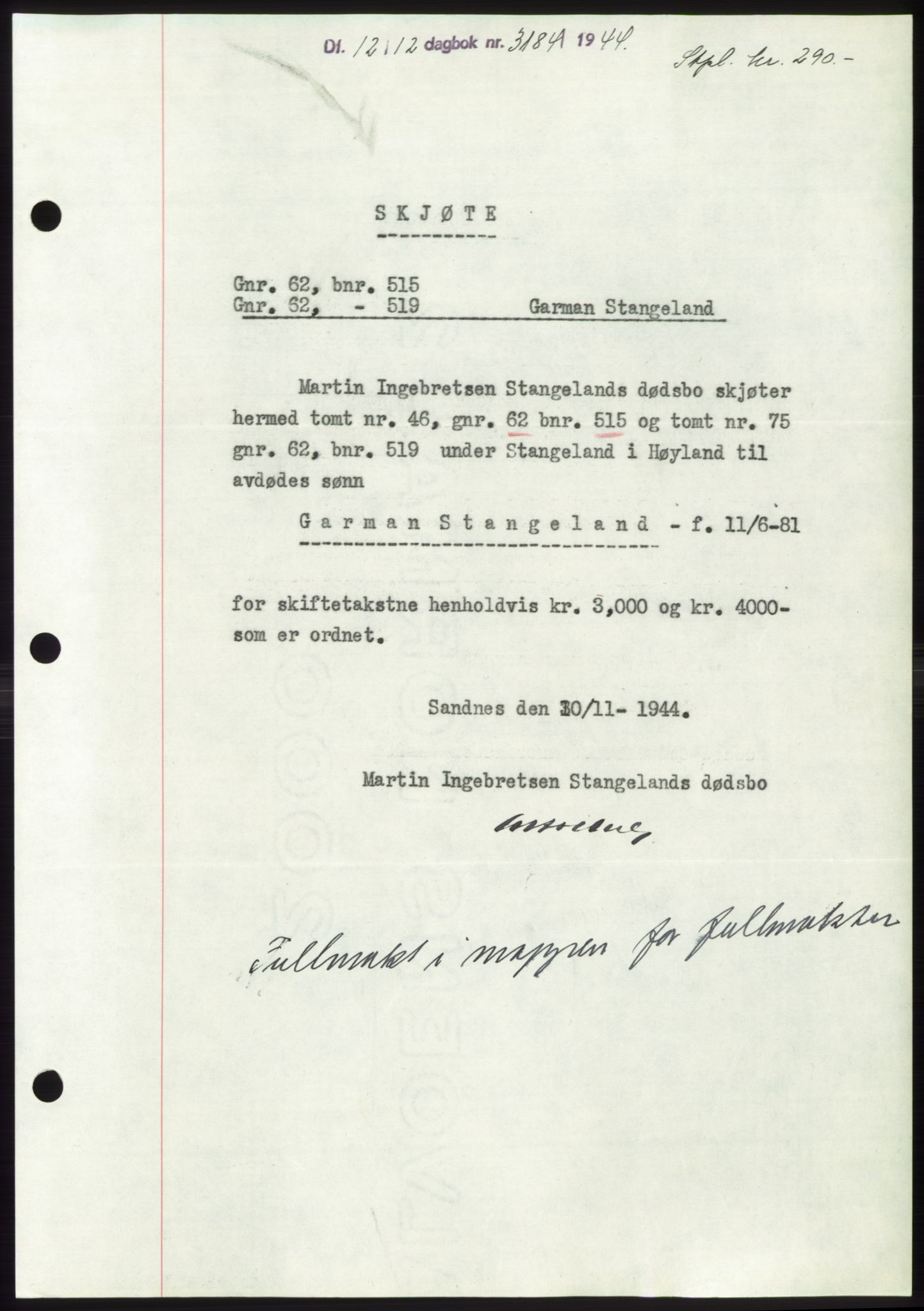 Jæren sorenskriveri, SAST/A-100310/03/G/Gba/L0087: Pantebok, 1944-1945, Dagboknr: 3184/1944