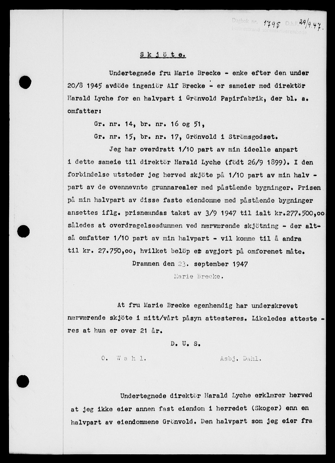 Holmestrand sorenskriveri, SAKO/A-67/G/Ga/Gaa/L0062: Pantebok nr. A-62, 1947-1947, Dagboknr: 1795/1947
