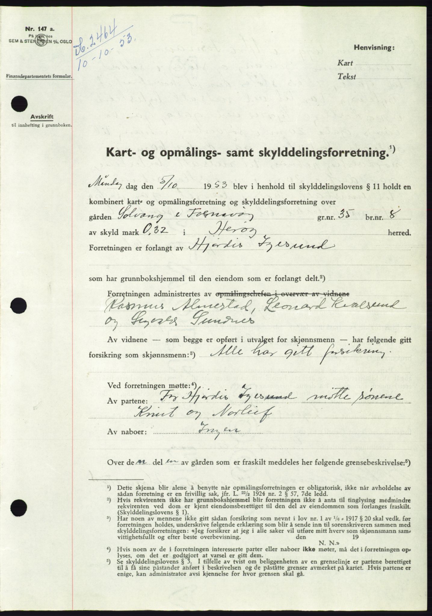 Søre Sunnmøre sorenskriveri, SAT/A-4122/1/2/2C/L0096: Pantebok nr. 22A, 1953-1954, Dagboknr: 2464/1953