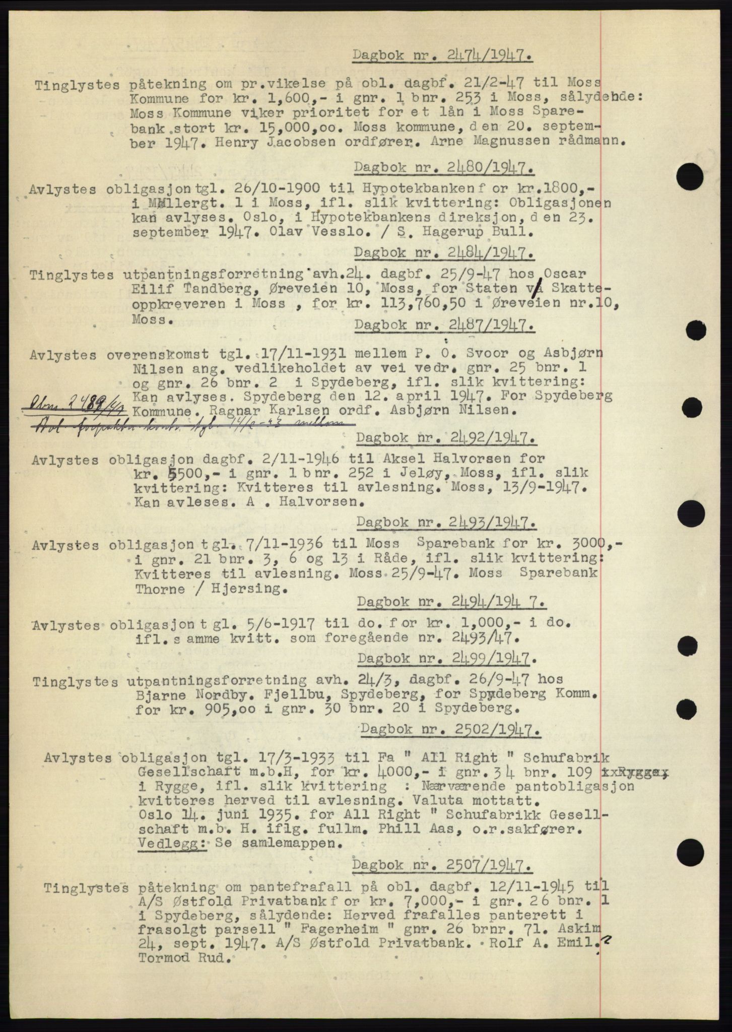 Moss sorenskriveri, SAO/A-10168: Pantebok nr. C10, 1938-1950, Dagboknr: 2474/1947
