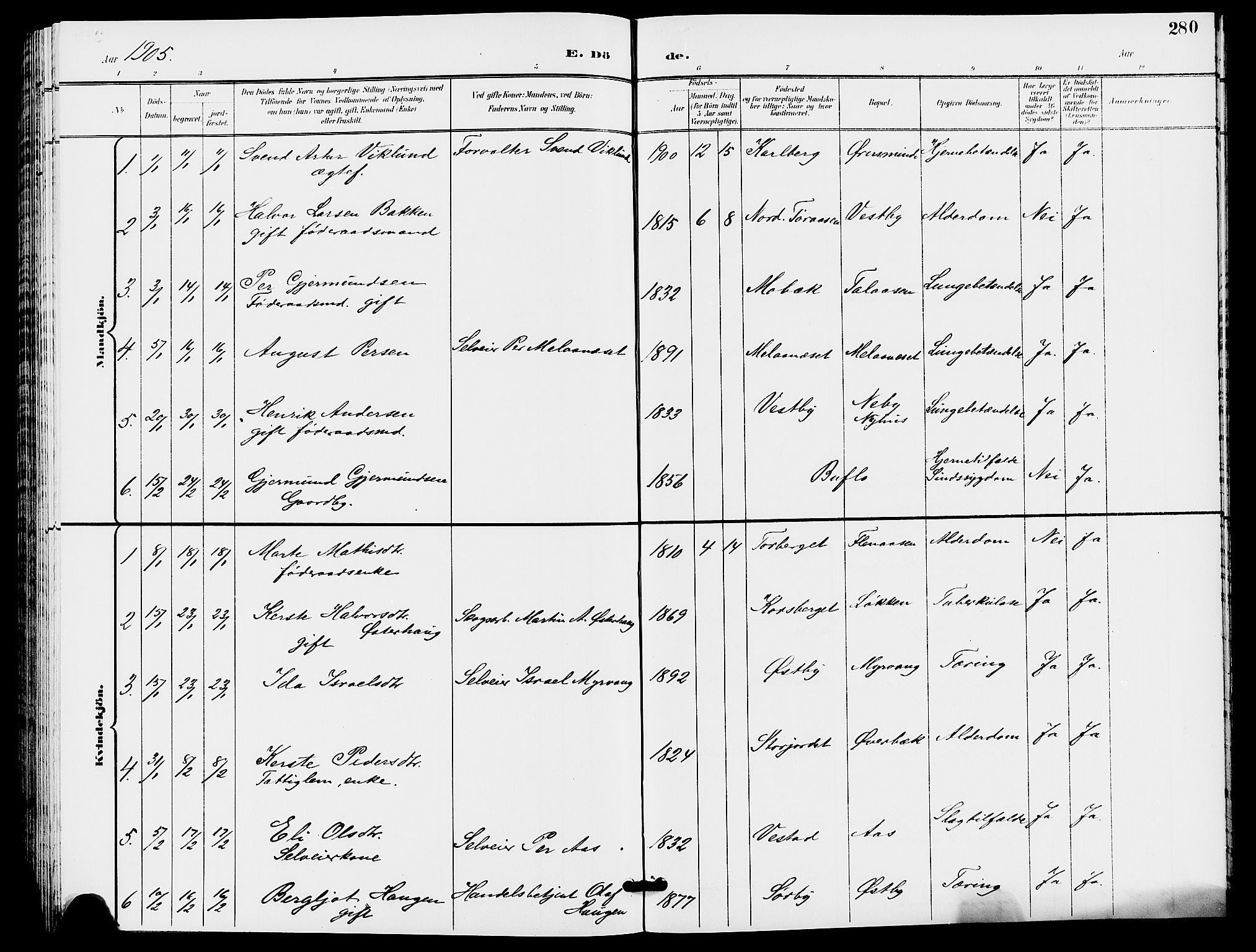 Trysil prestekontor, SAH/PREST-046/H/Ha/Hab/L0006: Klokkerbok nr. 6, 1896-1912, s. 280