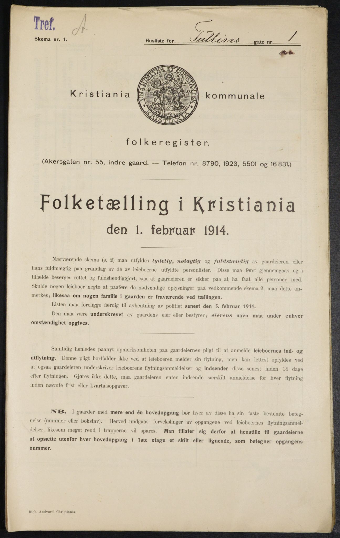 OBA, Kommunal folketelling 1.2.1914 for Kristiania, 1914, s. 116346