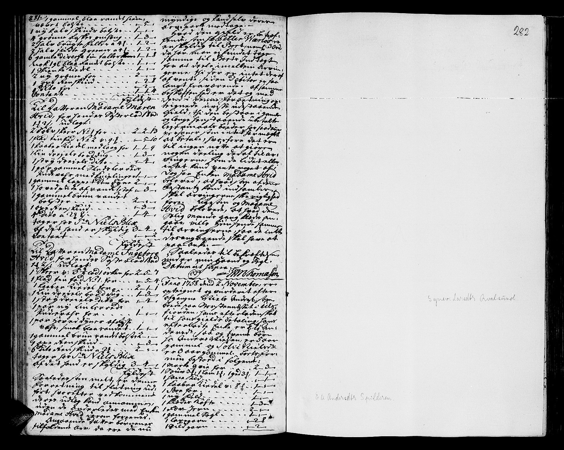 Senja og Tromsø sorenskriveri , AV/SATØ-SATØ-31/H/Hb/L0140: Skifteutlodningsprotokoll - Tromsø distrikt, 1751-1770, s. 281-282