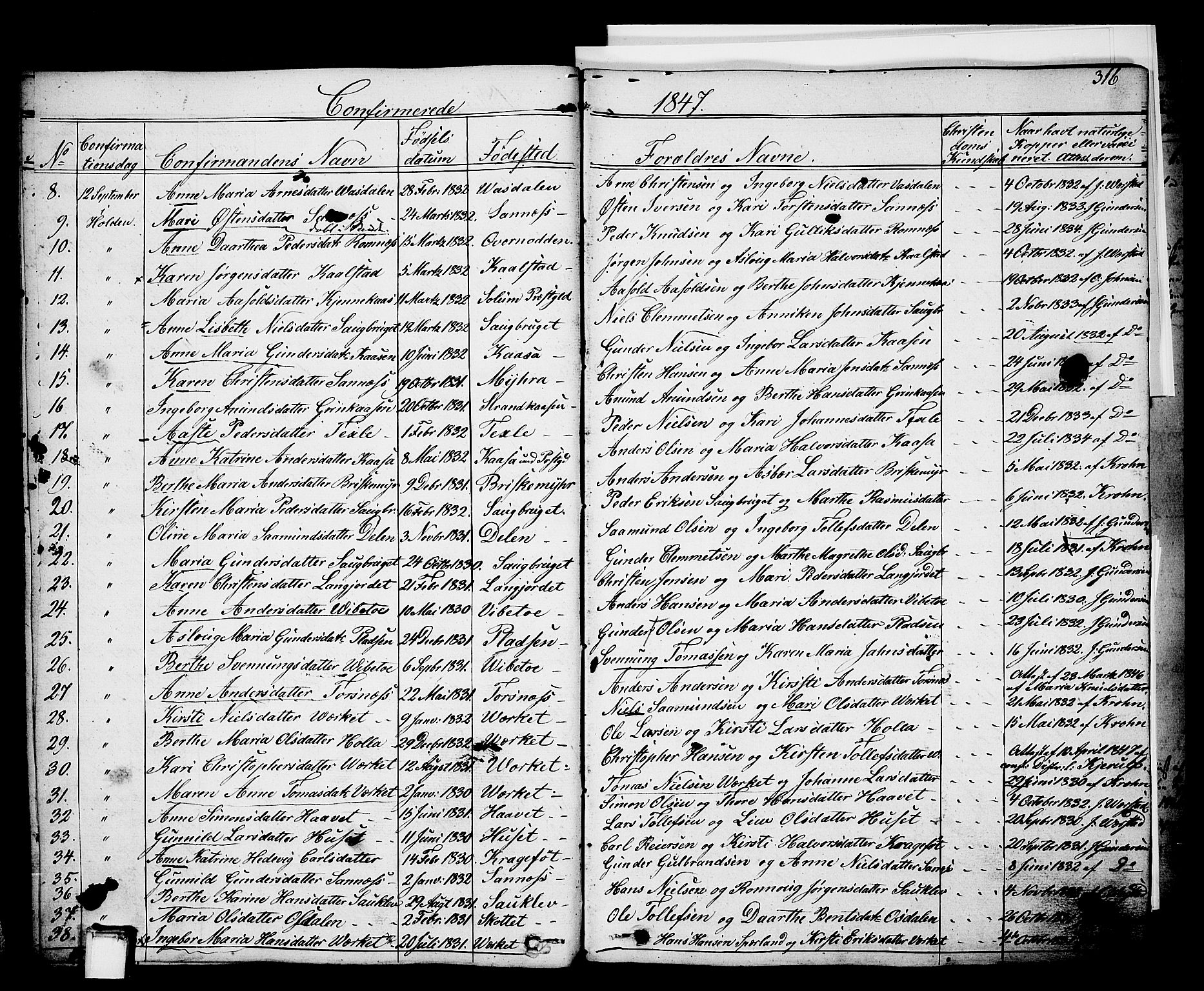 Holla kirkebøker, AV/SAKO-A-272/F/Fa/L0004: Ministerialbok nr. 4, 1830-1848, s. 316