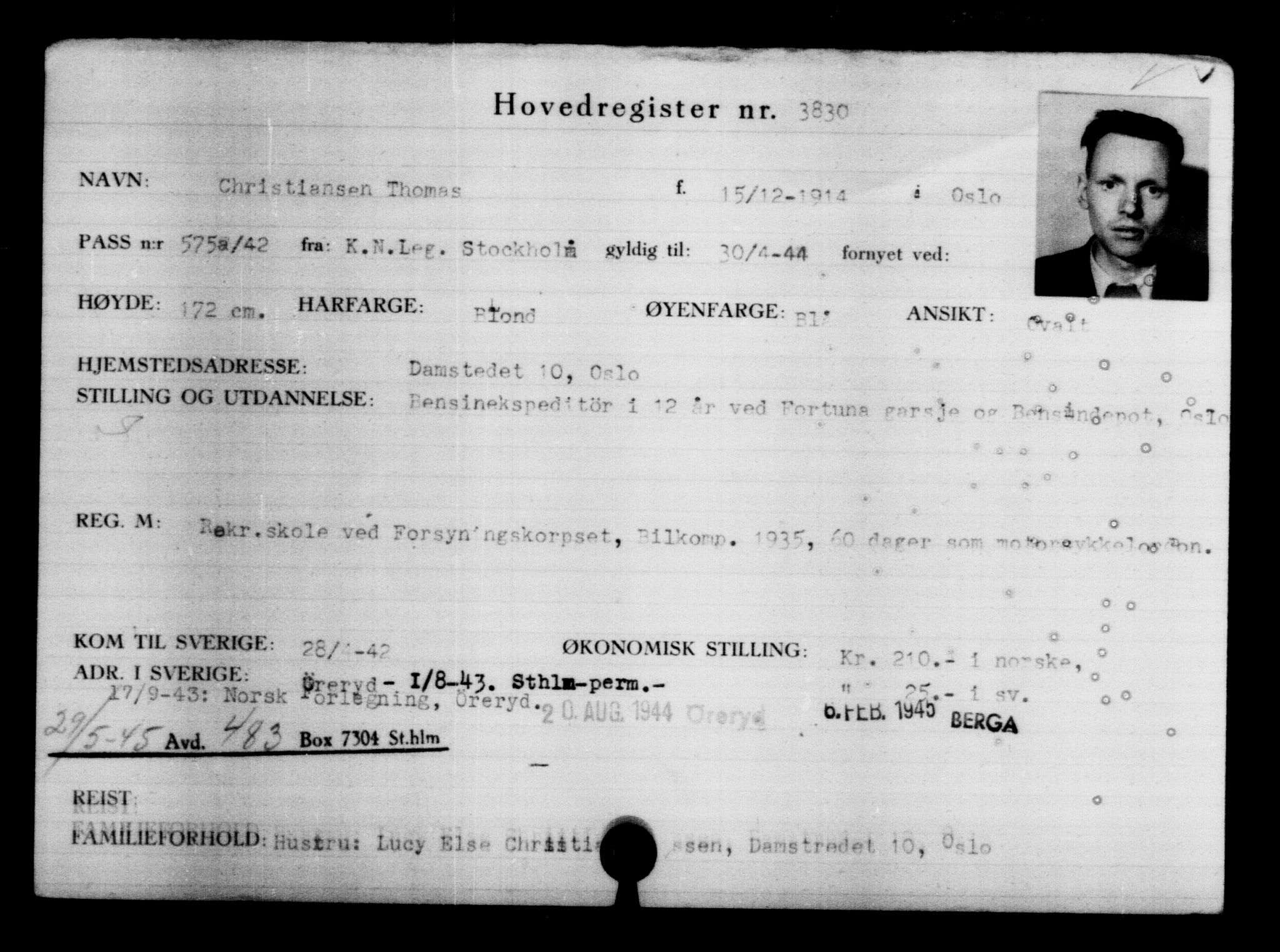 Utenriksstasjonene, Legasjonen i Stockholm, Flyktningkontoret, AV/RA-S-6753/V/Va/L0004: Kjesäterkartoteket, flyktninger med registreringsnr. 3496-6610, 1940-1945, s. 388