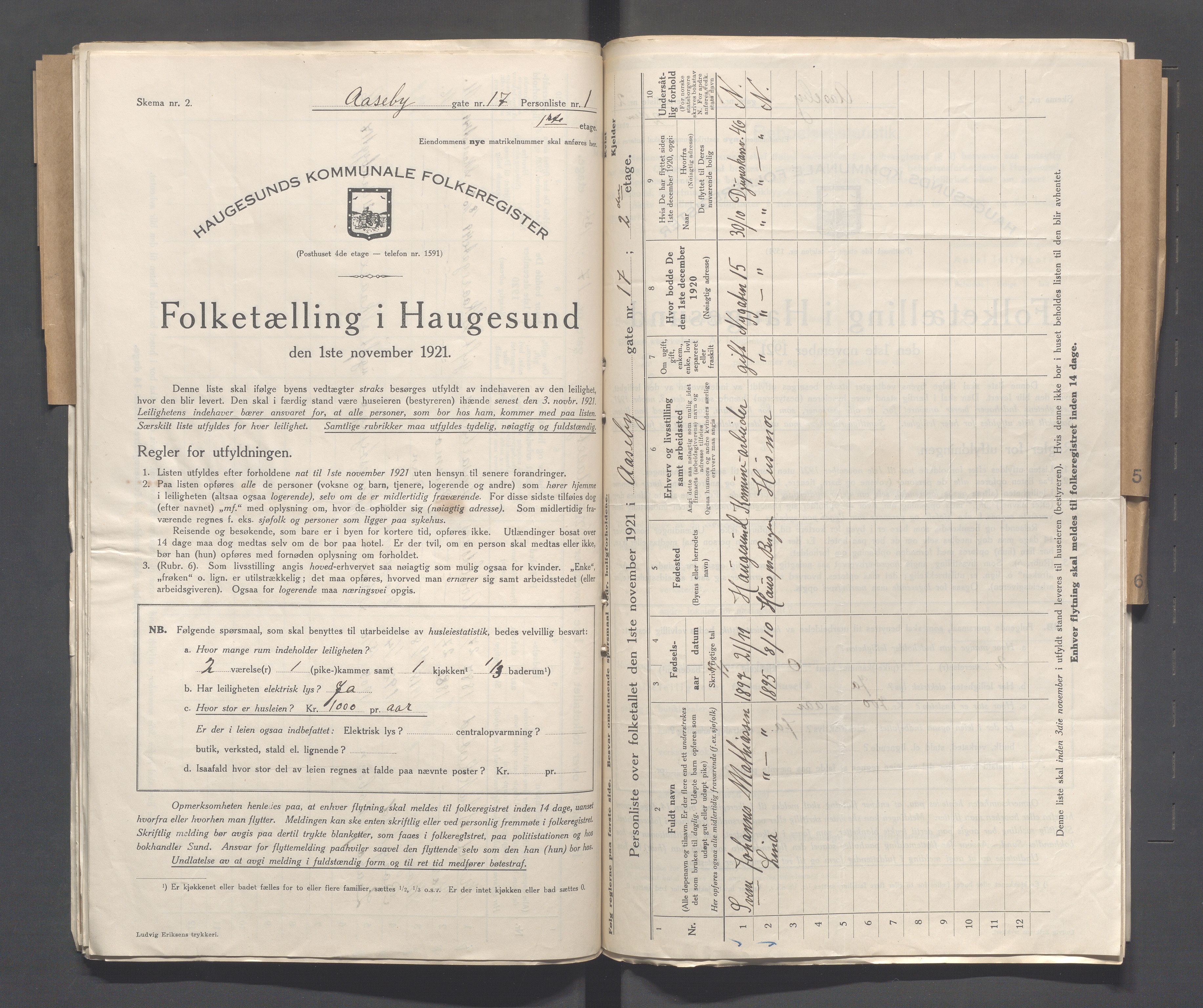 IKAR, Kommunal folketelling 1.11.1921 for Haugesund, 1921, s. 52