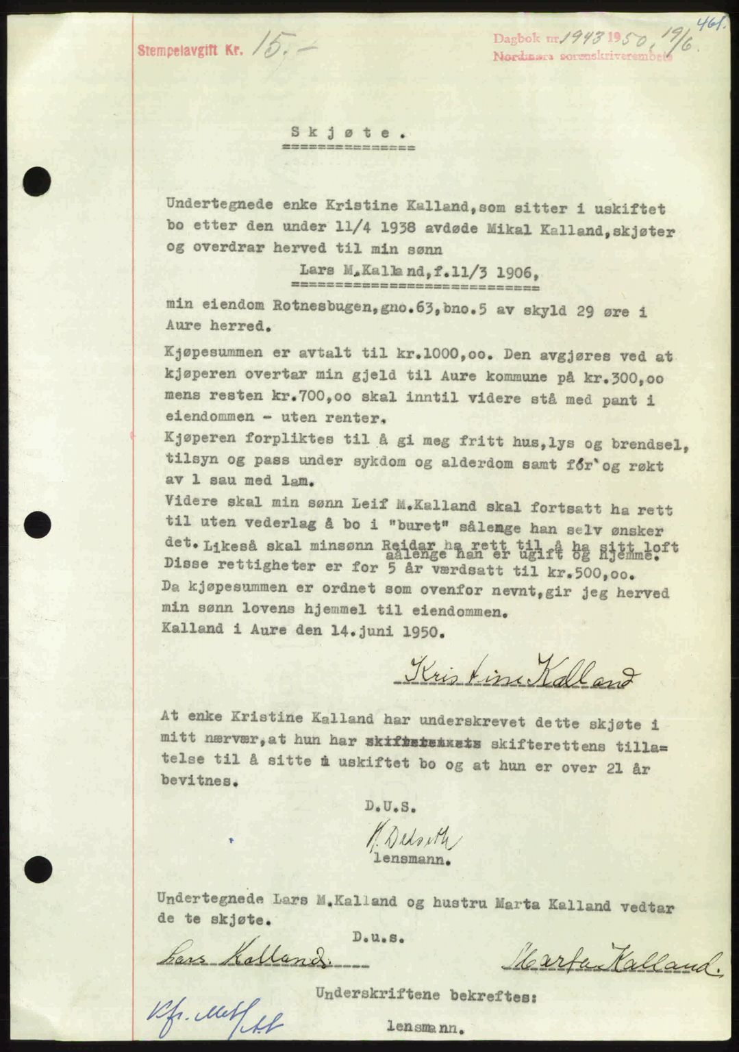 Nordmøre sorenskriveri, SAT/A-4132/1/2/2Ca: Pantebok nr. A115, 1950-1950, Dagboknr: 1943/1950